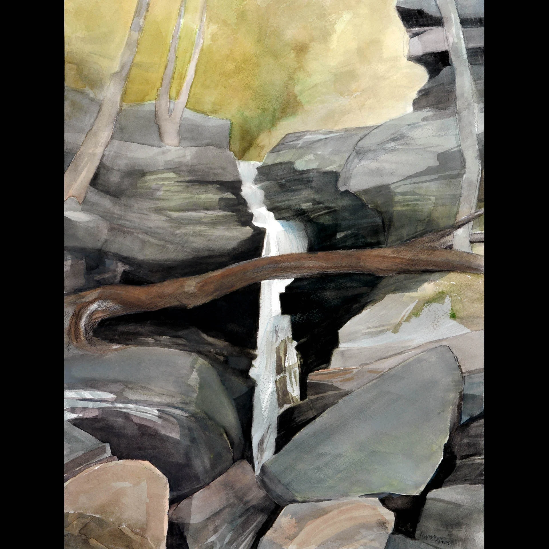RAVINE WATERFALL with LOG JAMMED INTO ROCKS watercolor 15 by 11.75” Mariella Bisson