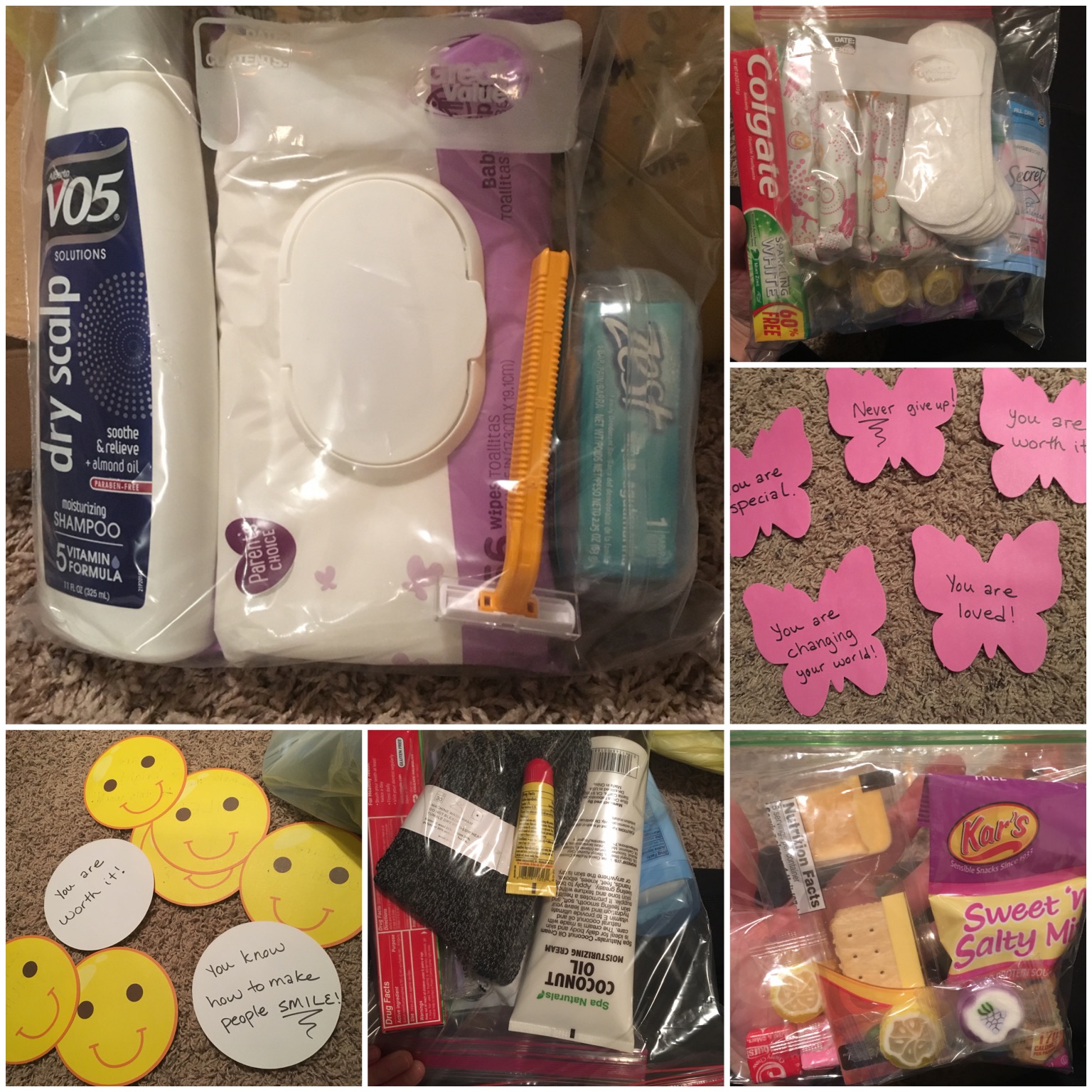   The Homeless Alliance  Q: What was in the goodie bags you were handing out? A: Each bag had a bottle of shampoo, a pretty decent sized package of baby wipes, bar of soap with a travel container, razor, bottle of lotion, tube of Carmex, stick of deo