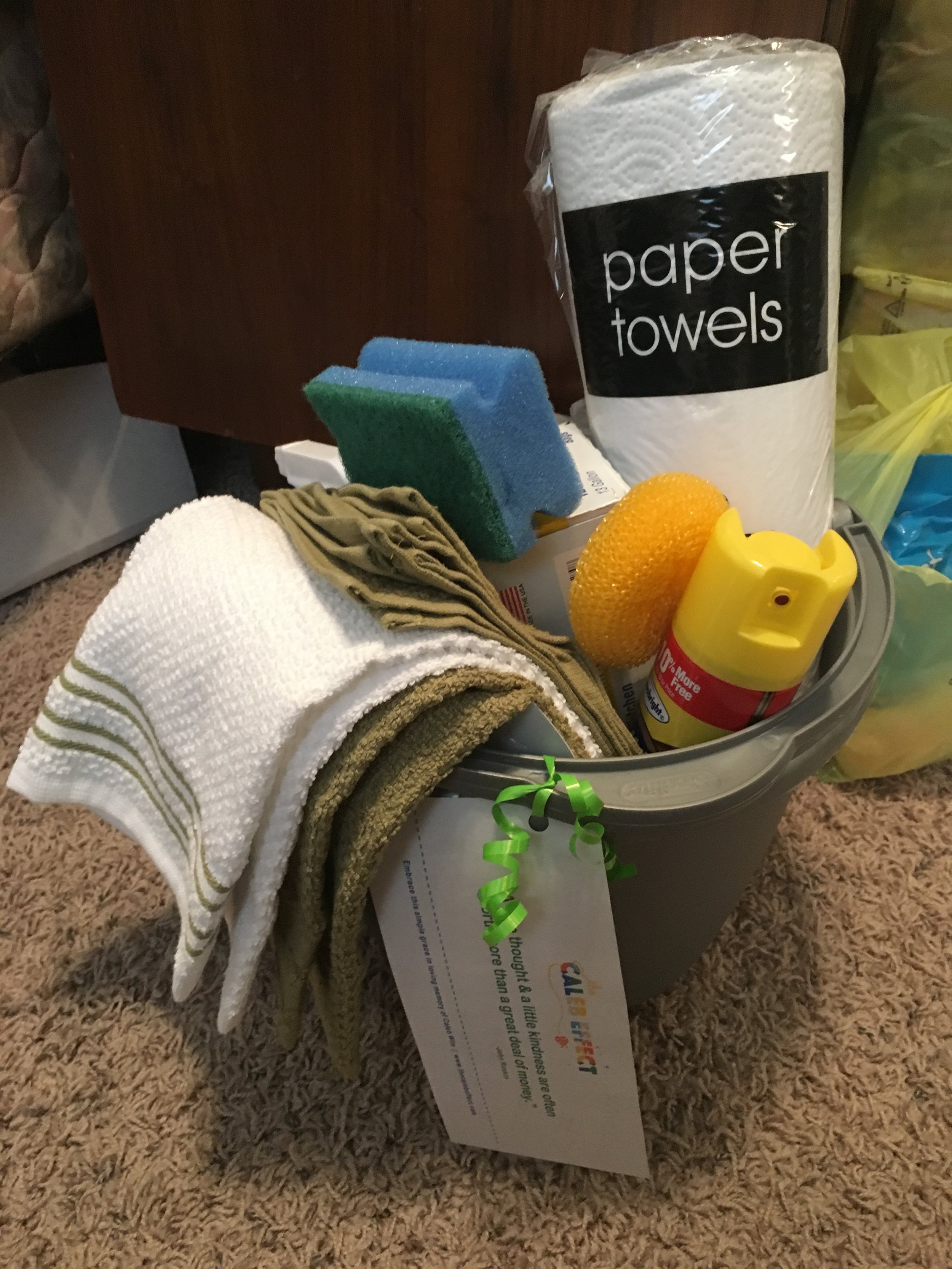   Catholic Charities of the Archdiocese of Oklahoma City  Q: What was in a cleaning kit? A: Bucket, broom, dust pan, roll of paper towels, blue Dawn (because it cleans everything), can of bathroom cleaner, antibacterial spray, sponge, scrubber, box o