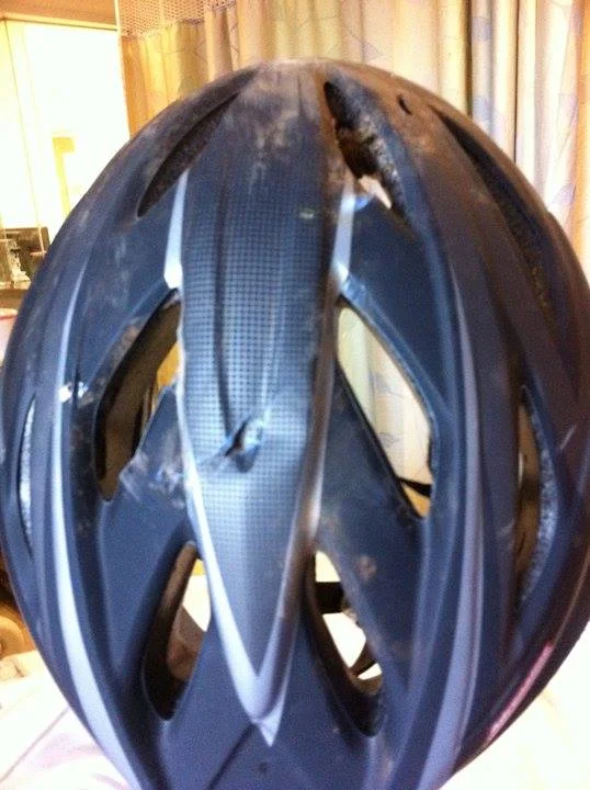 May 9th, 2011 was a day we almost lost Adam. That's Ken Toey 's helmet. There was a stick poking through the hole in the lower center section. If it would've been an inch to the left or right, it would've gone through his head. Wear a helmet!
