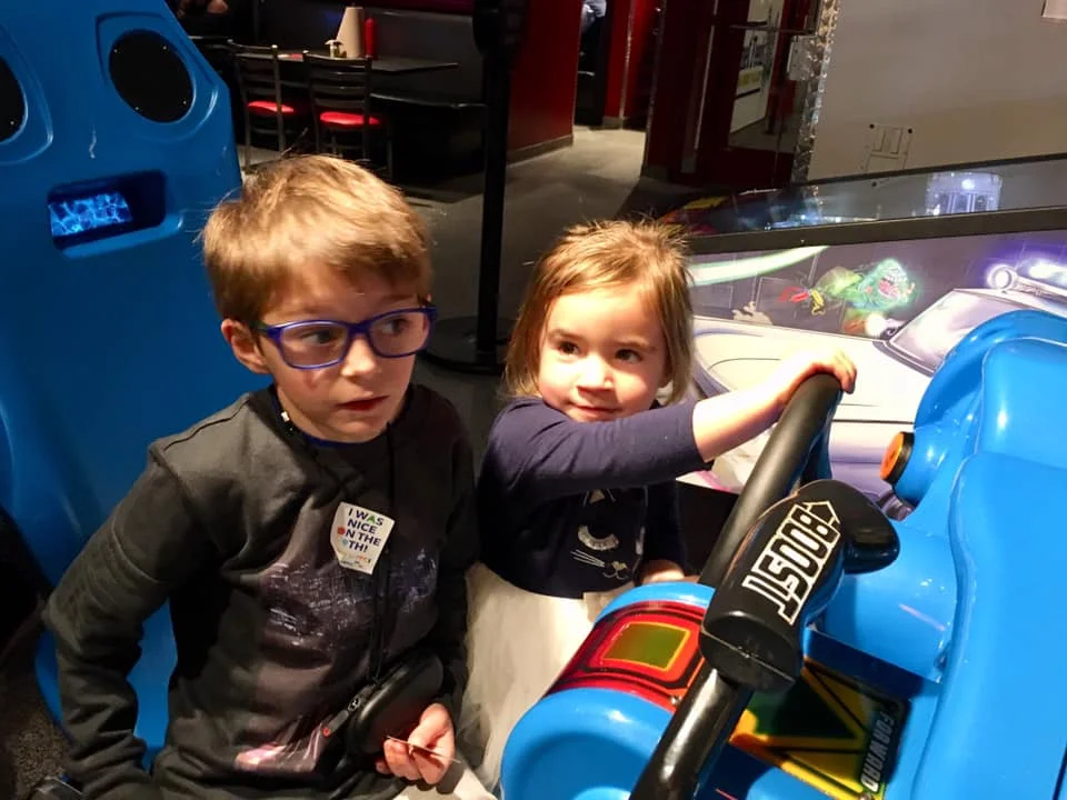 Someone thought she was a big kid driving with her buddy! Thanks for being so gentle and patient, Will! You earned your Nice on the 9th sticker! — with Erica DeGiusti Bollinger and Rose Lindo .