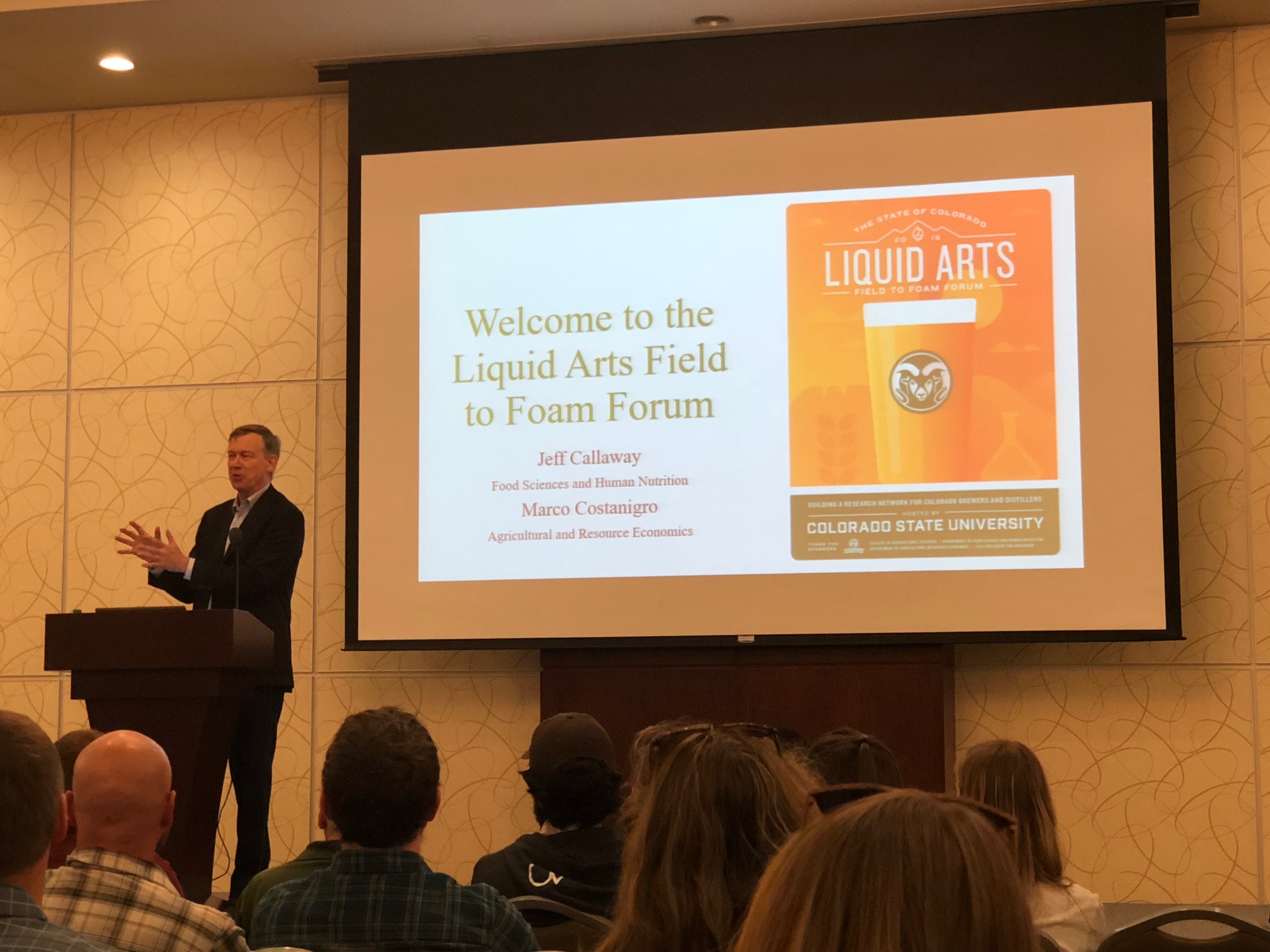 Gov. John Hickenlooper gives the Keynote Address at the Liquid Arts Field to Foam Forum.