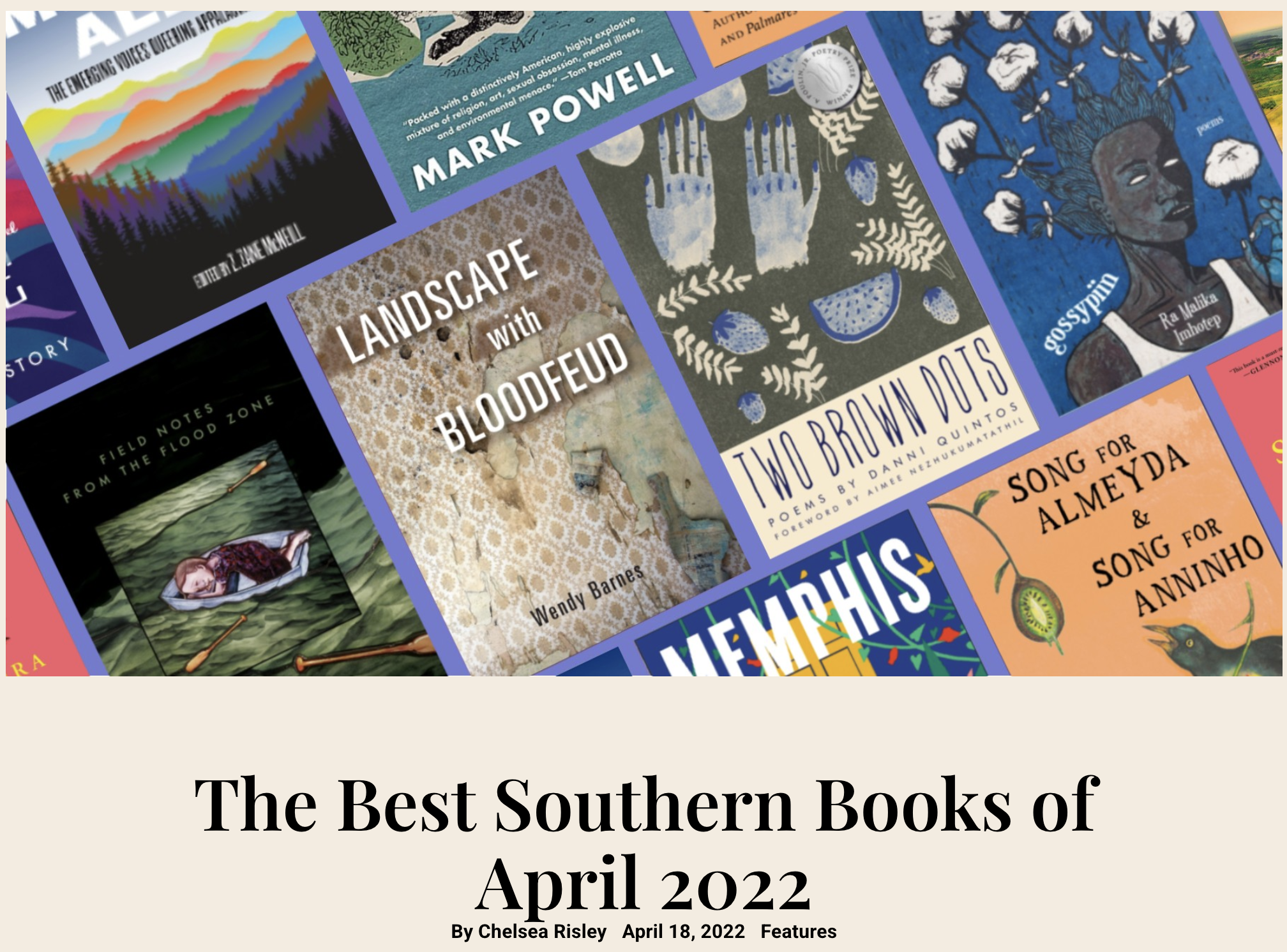 Several book covers lined up including Two Brown Dots for The Best Southern Books of April 2022