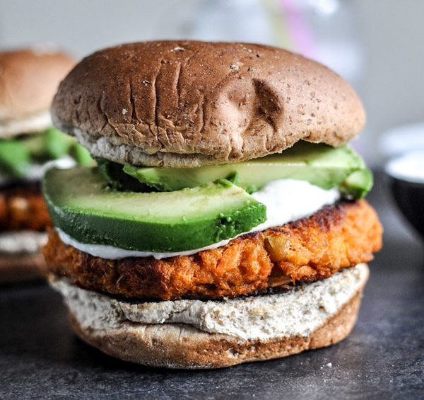 These smoky sweet potato burgers would be a great use of some of your next box, right? Photo by Jessica of How Sweet Eats&nbsp;