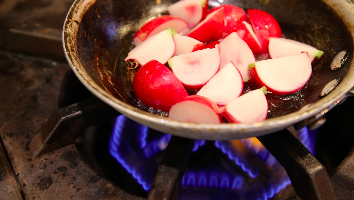 Sautéing radishes is a wonderful way to tame their bitter flavor. Photo by Colette Krey.&nbsp;
