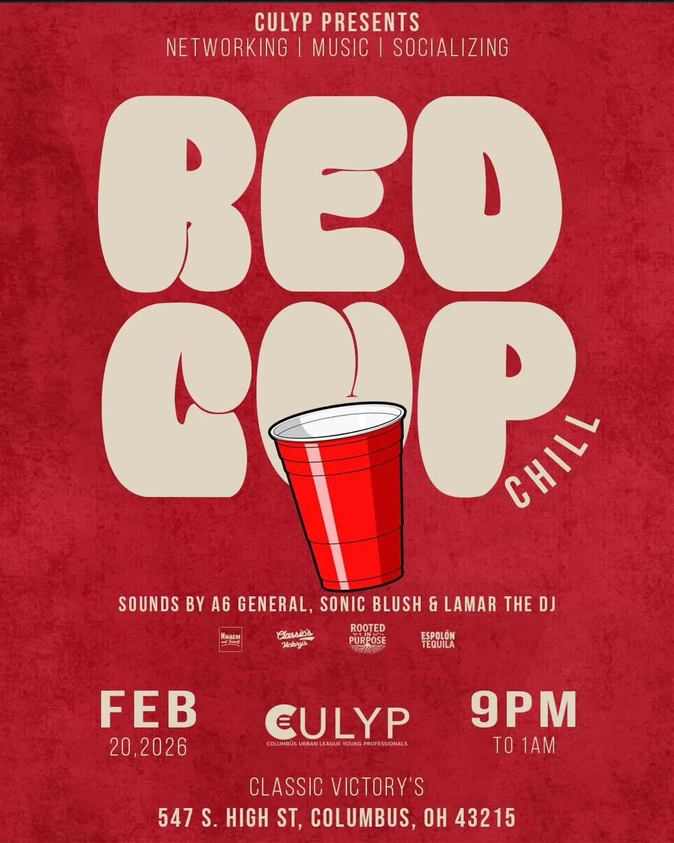 Red Cup Chill 🥤 | FRI 2.20.26 | Classic Victory&rsquo;s | 9PM-1AM (FREE Before 10:30PM W/ RSVP)

Meet us at Classic Victory&rsquo;s, during Join Week for &ldquo;Red Cup Chill!&rdquo; An event filled with networking, music, drinks, hookah, and more! 