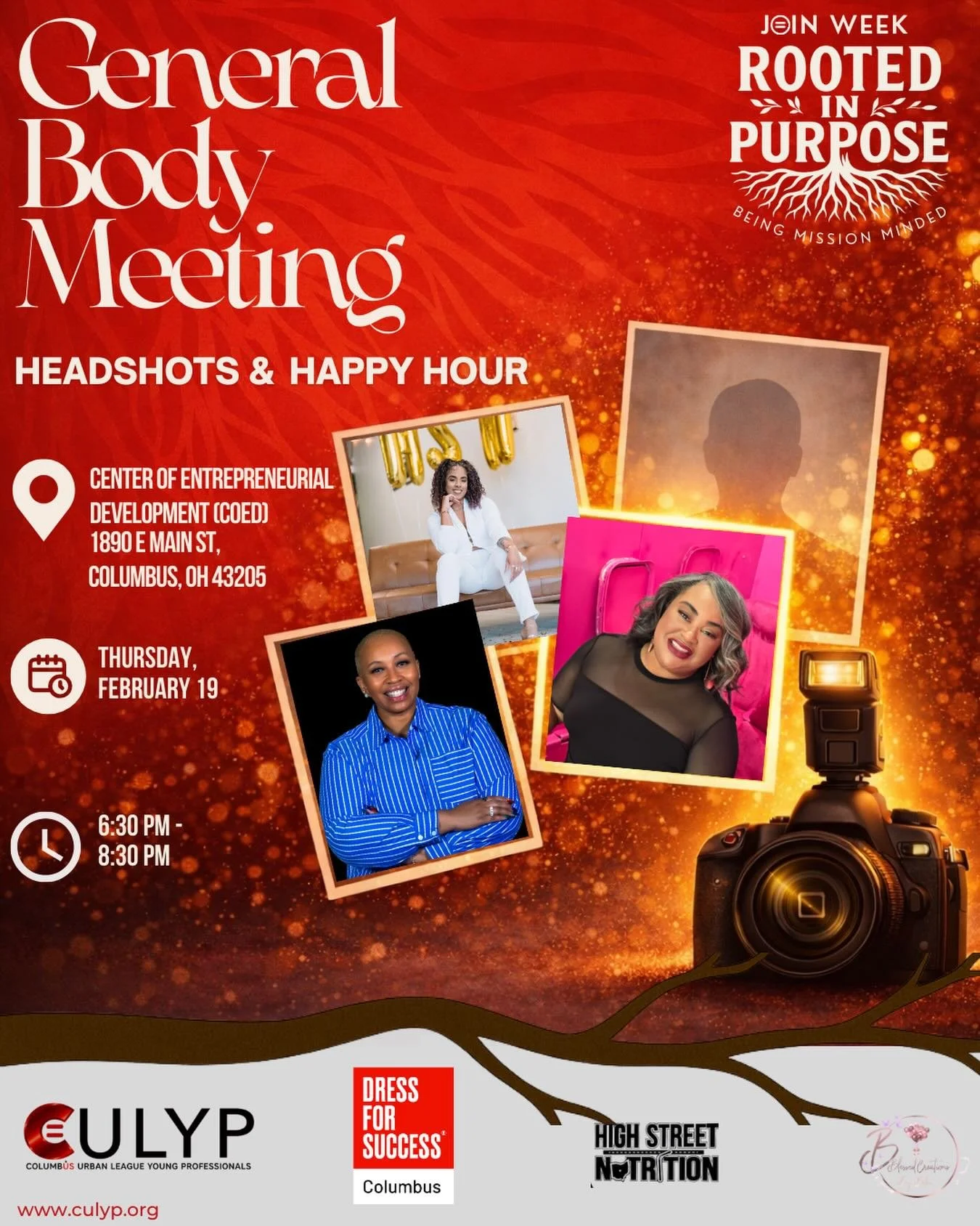 New headshot. New connections. New confidence.

Join CULYP for Headshots &amp; Happy Hour &mdash; a relaxed night of networking + career glow-ups.

Featuring:
&bull; Arica Morgan + Jennifer Moore (Dress for Success Columbus) &mdash; interview/workpla