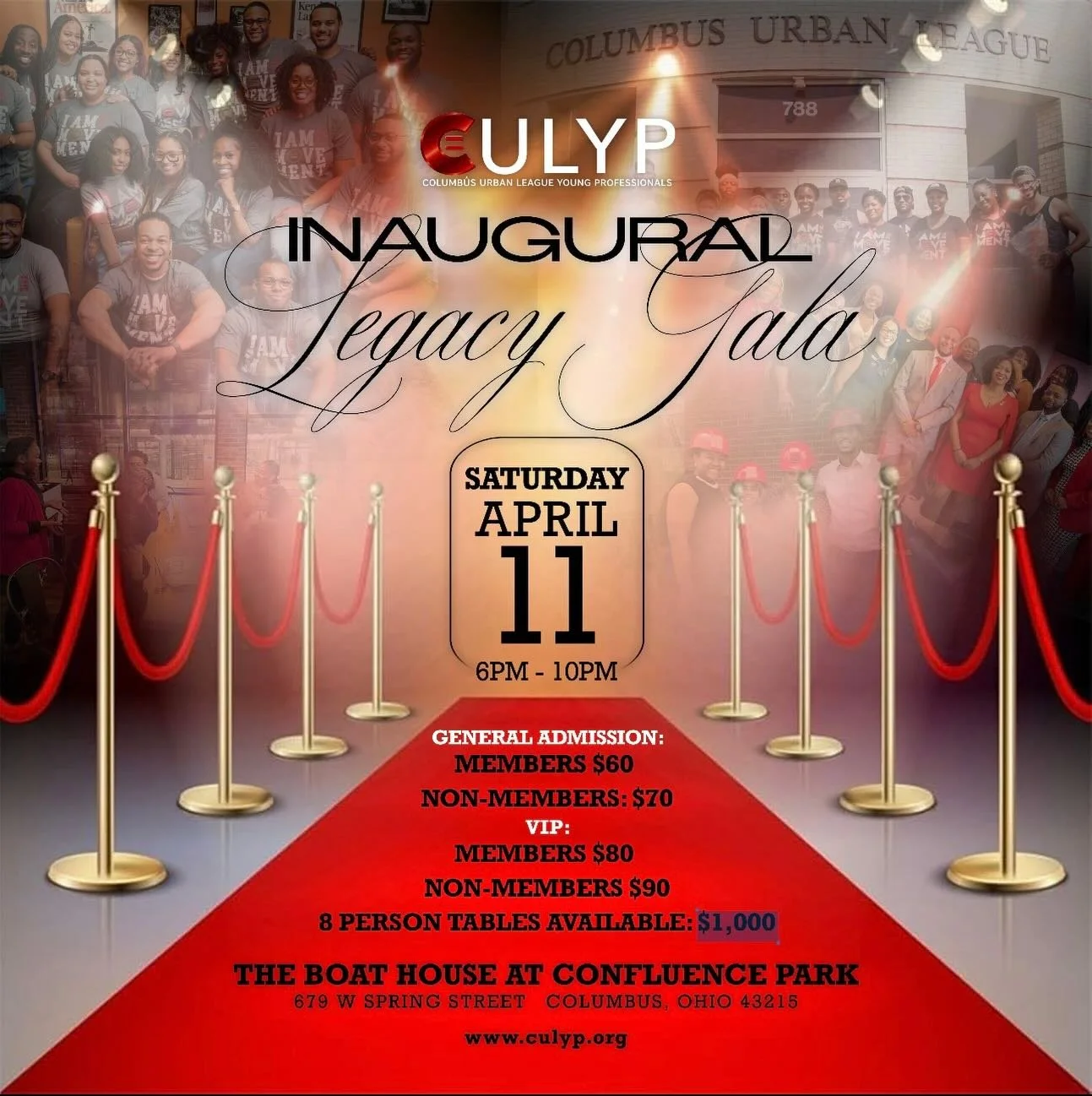 The red carpet is ready! 

The Inaugural CULYP Legacy Gala is happening Saturday, April 11th. Dress Black Tie and join us for a night honoring a decade of impact, leadership, and community.

General Admission, VIP experiences, and table packages are 