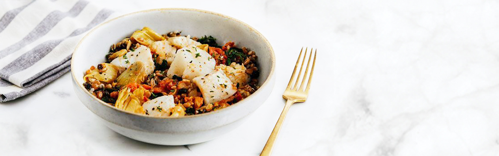Mediterranean cod with farro and black barley