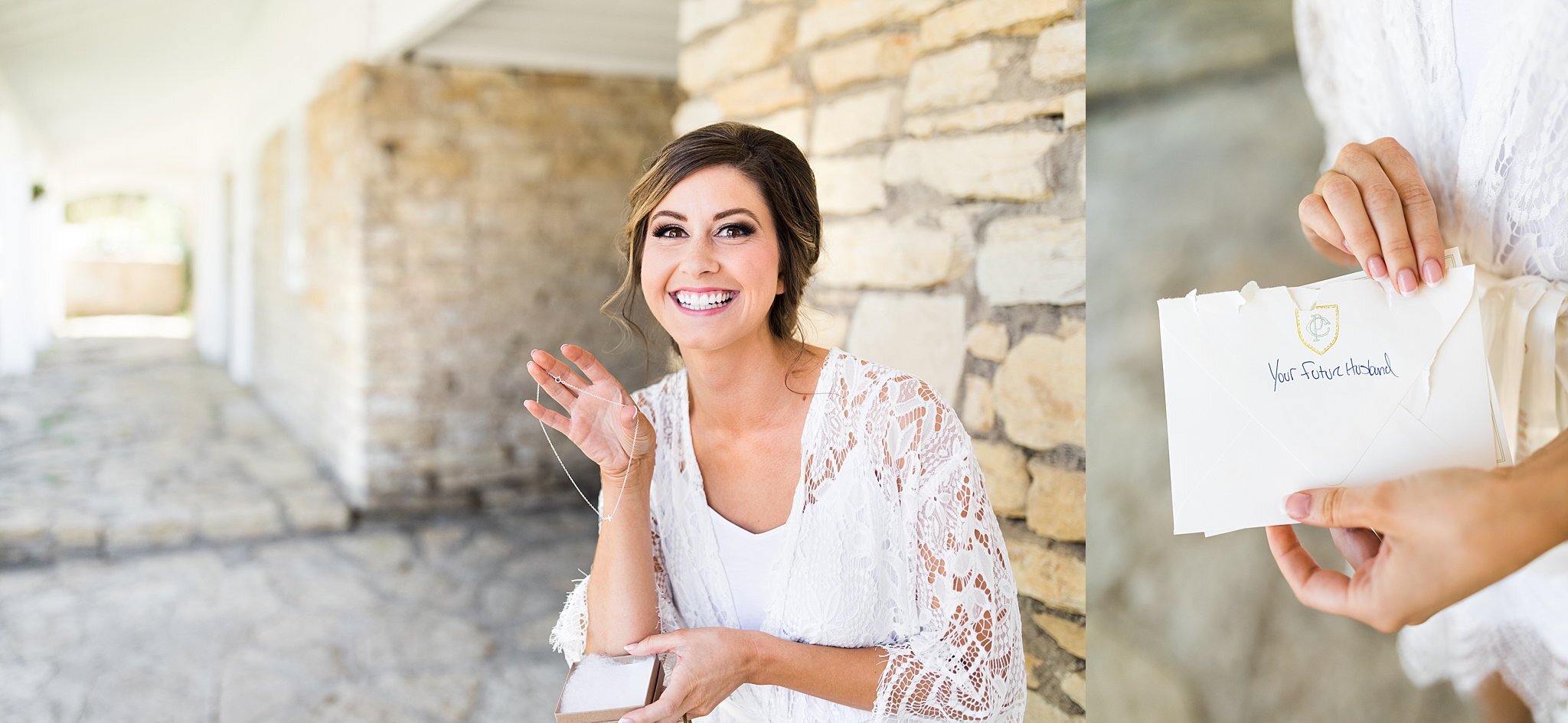  Bride holding necklace and letter in front of Mayowood Stone Barn. 