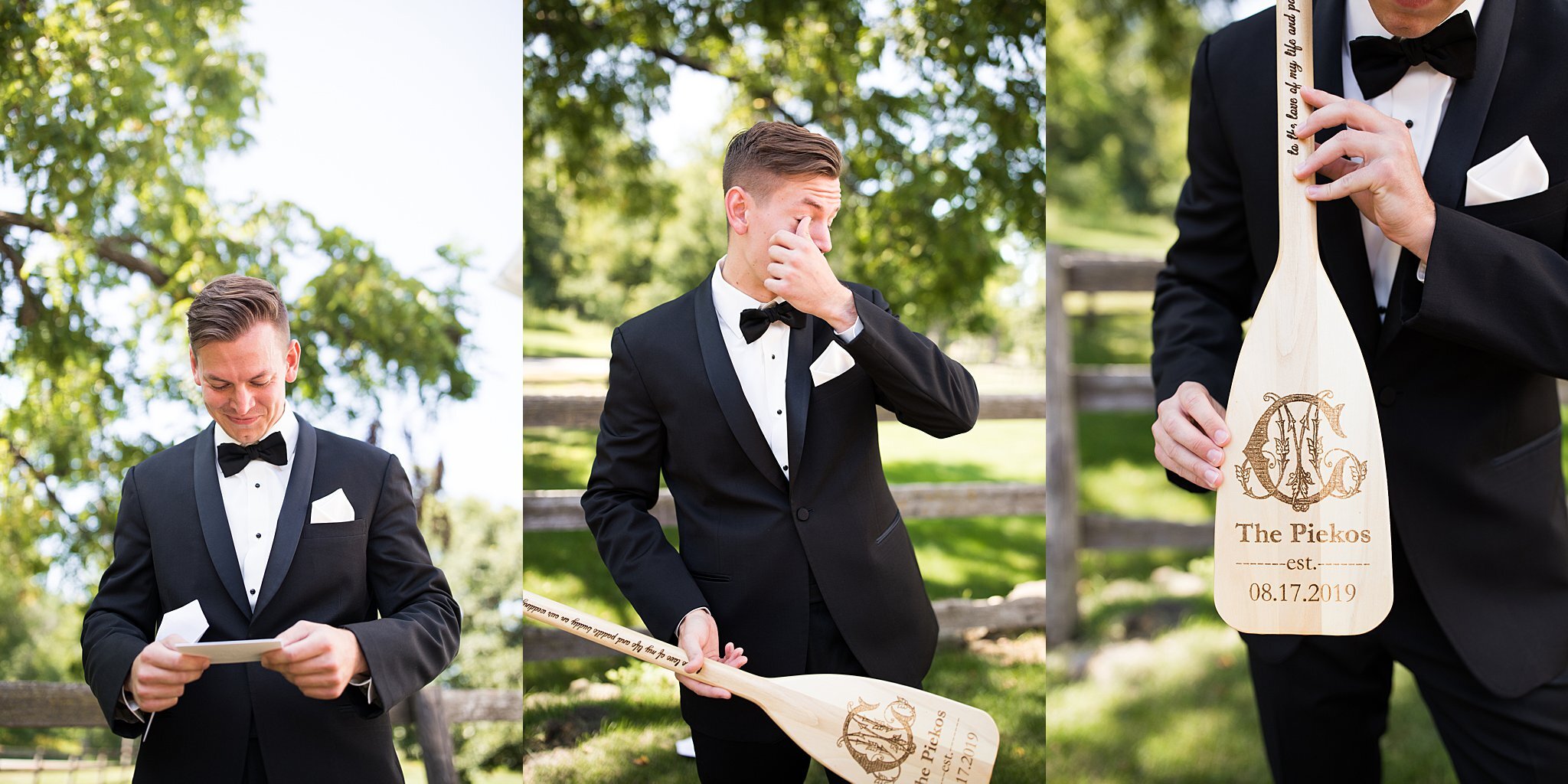  Collage of groom receiving wooden oar wedding gift. 