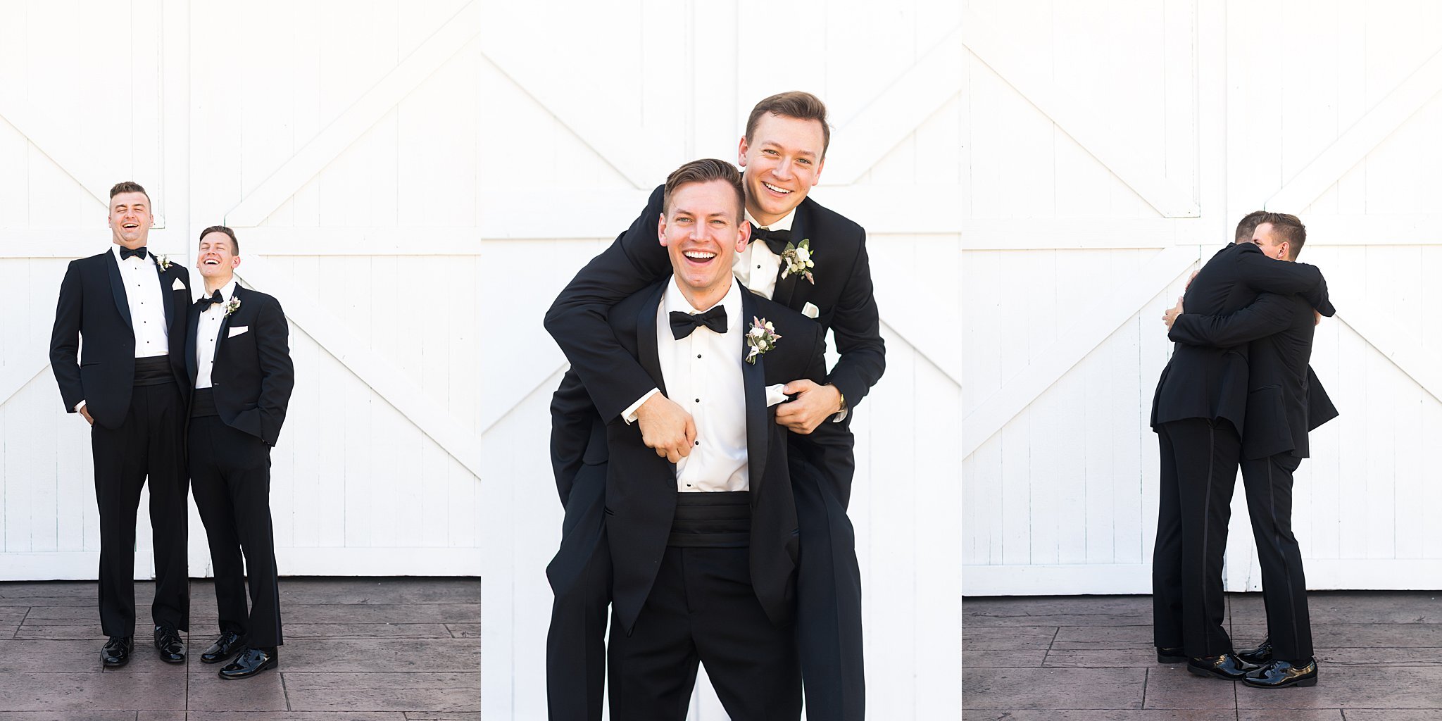  Collage of groomsmen and groom portraits. 