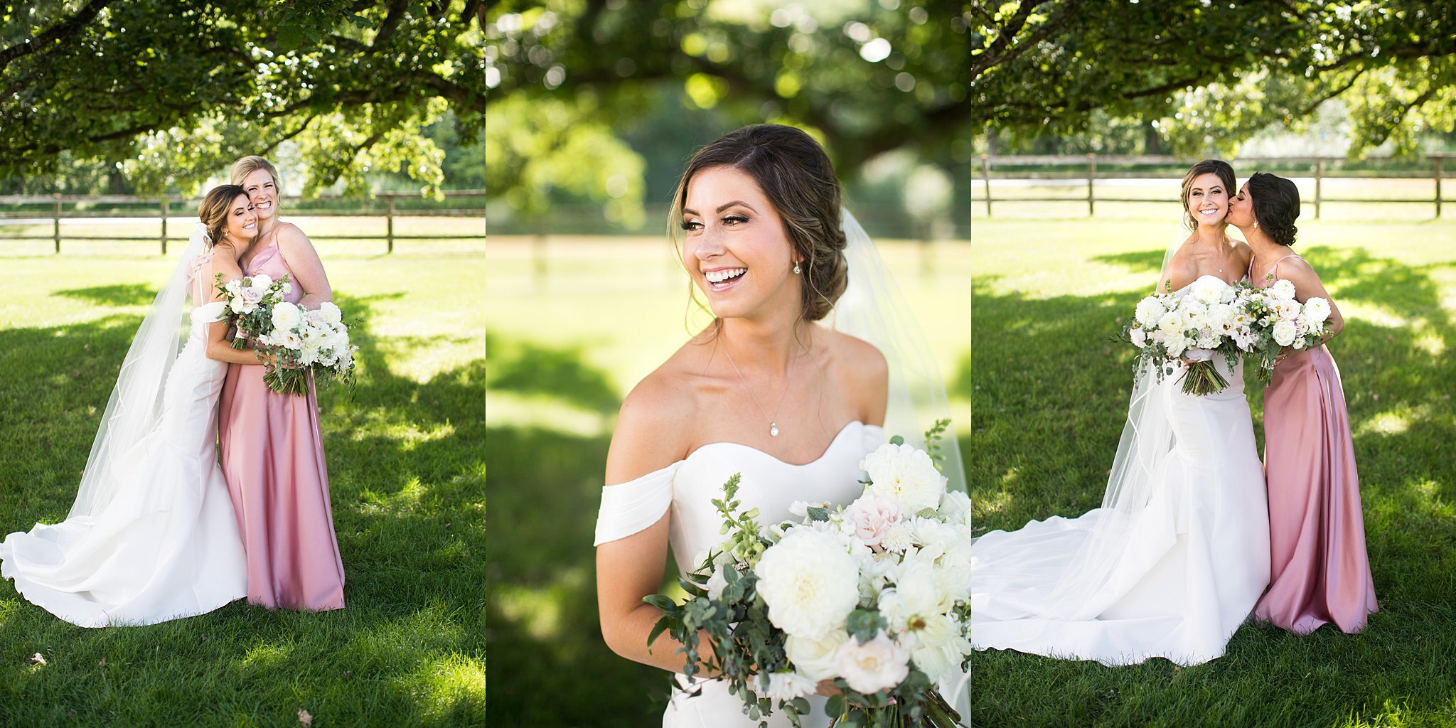  Collage of bridesmaids and bride portraits. 
