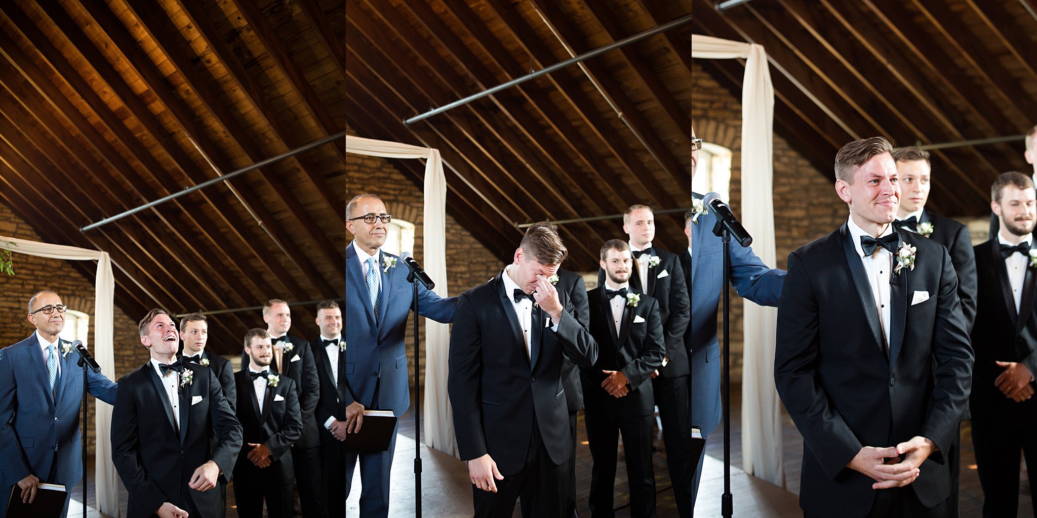  Groom tearing up seeing bride and her father walk down the aisle. 