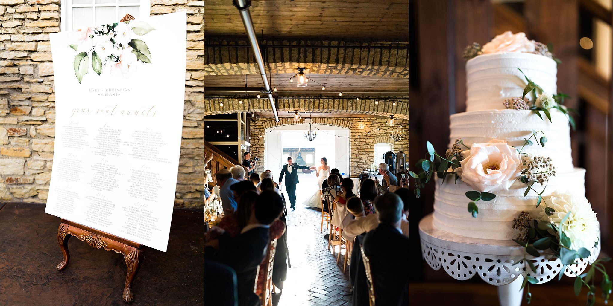 Mayowood Stone Barn wedding collage of guest list, reception entrance and cake. 