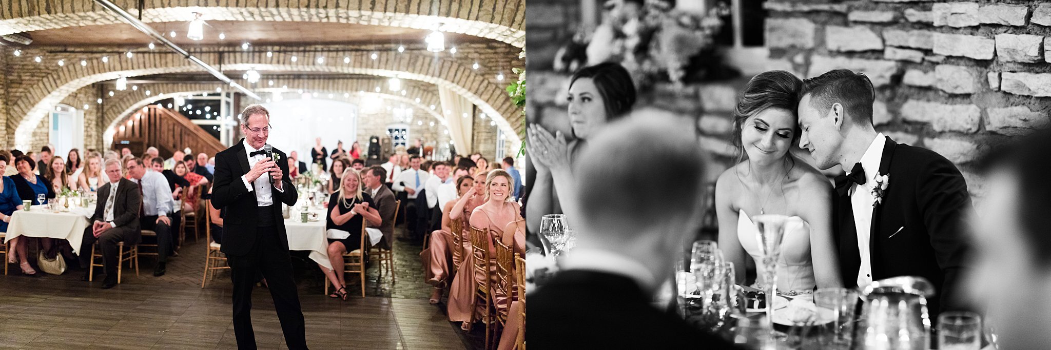  Man speaking during reception at Mayowood Stone Barn and Bride and groom sharing a moment at the head table. 