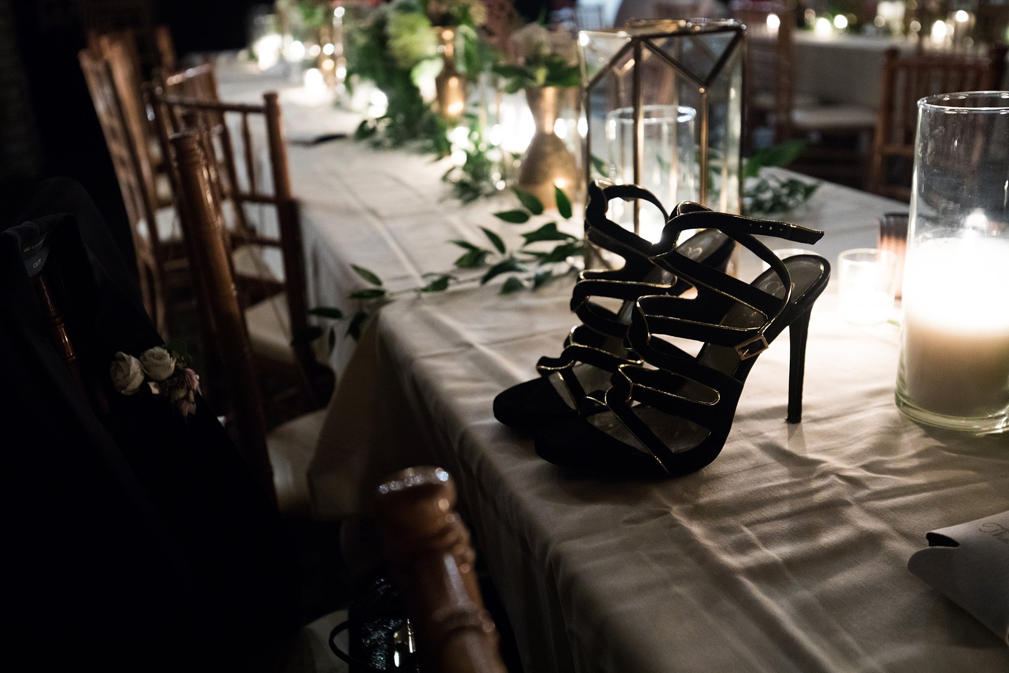  High heels left on table at Mayowood Stone Barn. 