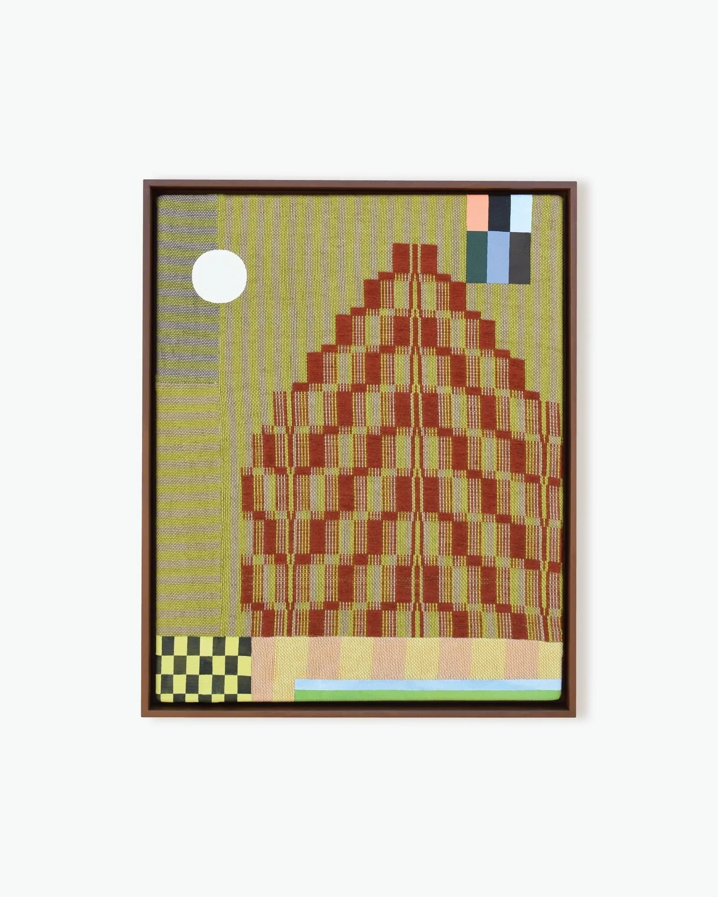 Seen here: The moon. A tree. The front of a ship. The front of a train. A mountain. An early skyscraper and the start of a bustling metropolis. Anything else?

&ldquo;Metro&rdquo;
17 x 21 x 2.5&rdquo; (framed)
Acrylic on Handwoven Cotton + Cottolin
i