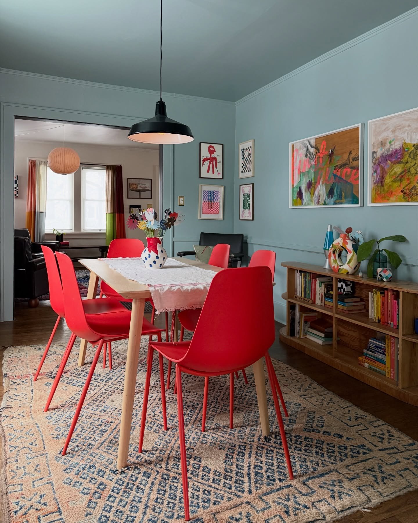 Snow days are the best lighting, so I cleared all the coats off the table to properly document the  fresh paint job I did in November. Color is &ldquo;Rhine River&rdquo; by @benjaminmoore, and it looks wildly different in every light and photo but th