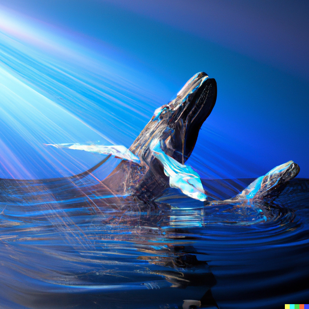 DALL·E 2024-02-25 06.51.16 - whale and her calf in  3d modern print by dali swimming in the blue ocean with sunlight shinning into the deep water.png