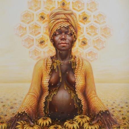 Leo new moon and lions gate glory :: be the nectar of the heart IN the hive. 

Friends, we are in a giant hive that is currently going through a reconstruction.  Perhaps even a demolition.  The answer is to be more love!

This stunning painting by Au