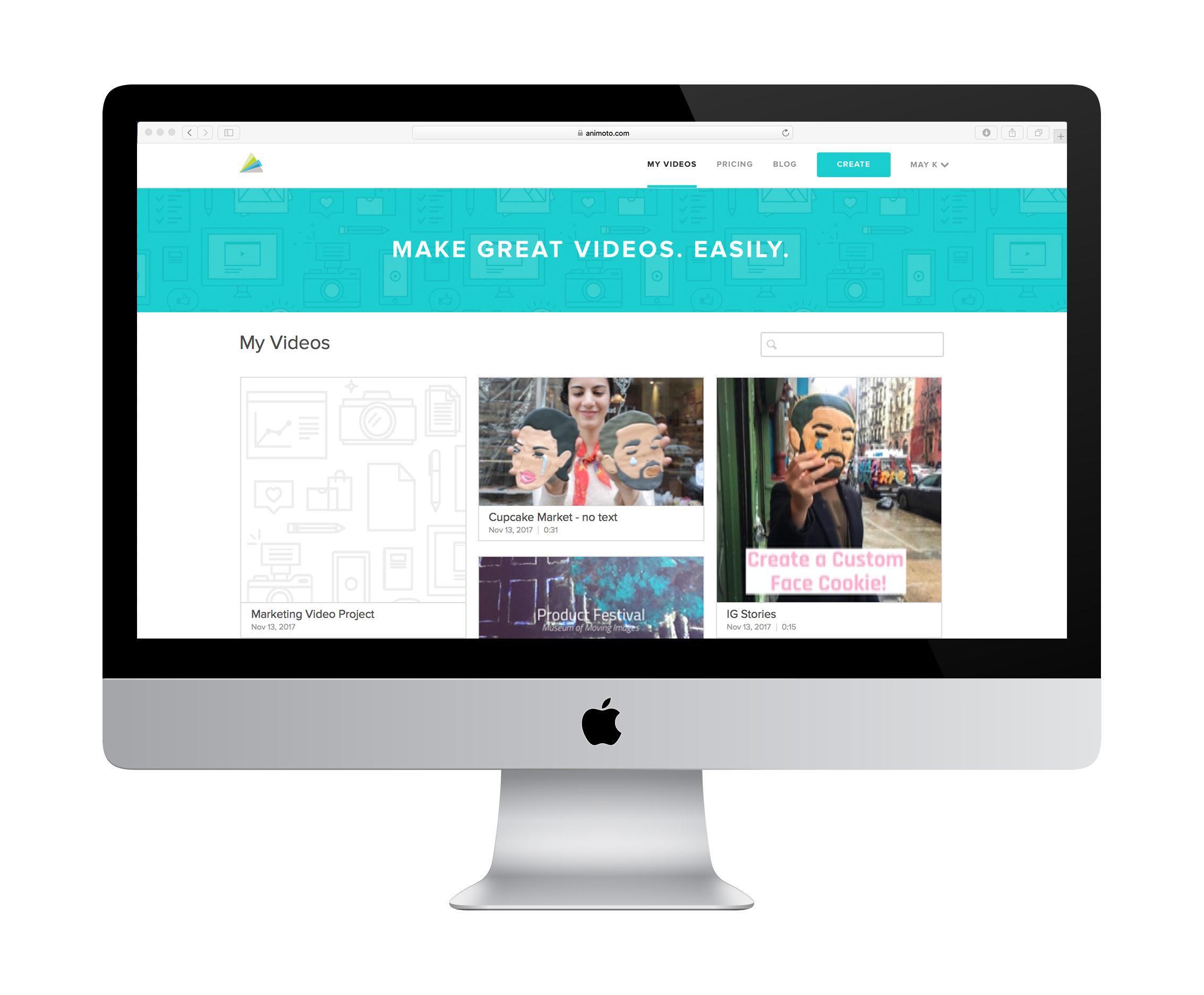 Animoto's web app: logged-in state displaying the user's video projects