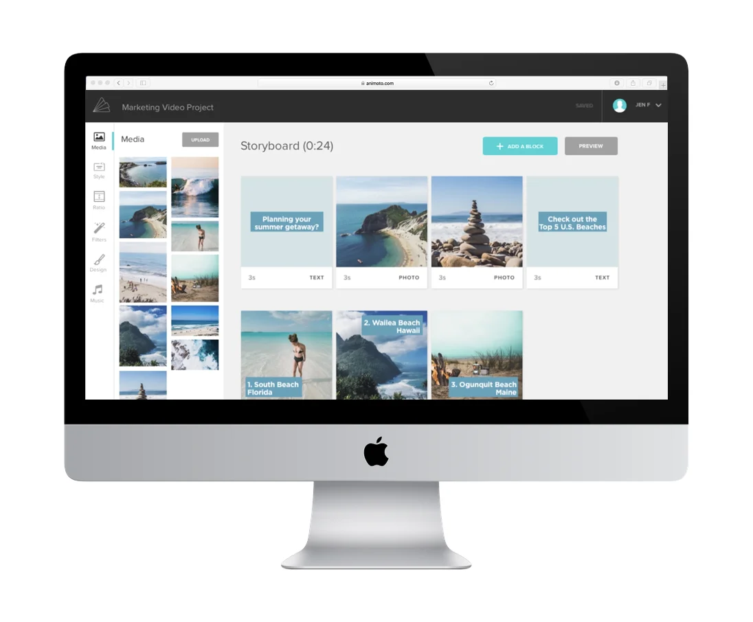 Animoto's web app: workspace of the user's video project