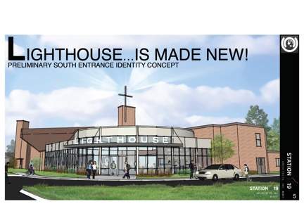 This is a preliminary sketch of a FUTURE PHASE new entrance/lobby on the south side of our facility. Additional improvements in this phase will include updating the Worship Center, adding new offices upstairs and adding an elevator.