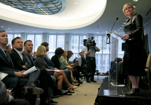 Photo: Associated Press. Leo DiCaprio second from left. Ellen Dorsey speaking. Justin Rockefeller in yellow tie.