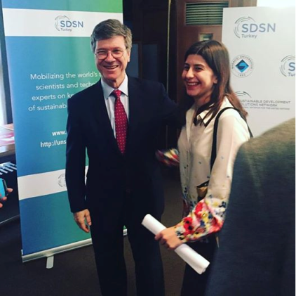 Buket Altınçelep and Jeffrey Sachs at Bogazici University, in Turkey.
