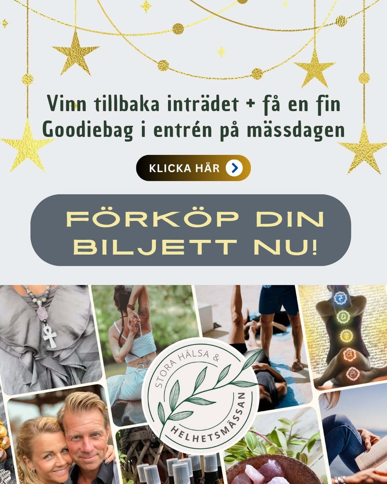 S&auml;tt guldkant ⭐️⭐️⭐️p&aring; din dag p&aring; Helhetsm&auml;ssan, L&ouml;rdag den 5/9 och vinn b&aring;de dina pengar tillbaka f&ouml;r intr&auml;det och en fin goodiebag 🛍️

⭐️T&auml;vla och vinn ⭐️
Du f&ouml;rk&ouml;per din biljett som vanlig