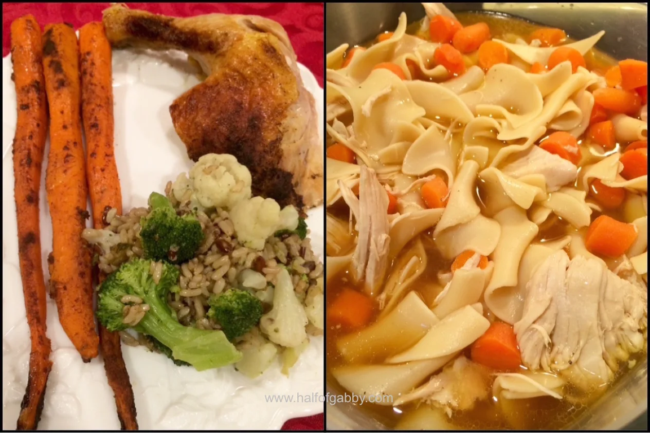 On the left: Roasted Turmeric Chicken, Cinnamon Carrots, and Broccoli/Cauliflower Brown and Red Rice On the right: Roasted Chicken and Noodles With Carrots and Bone Broth