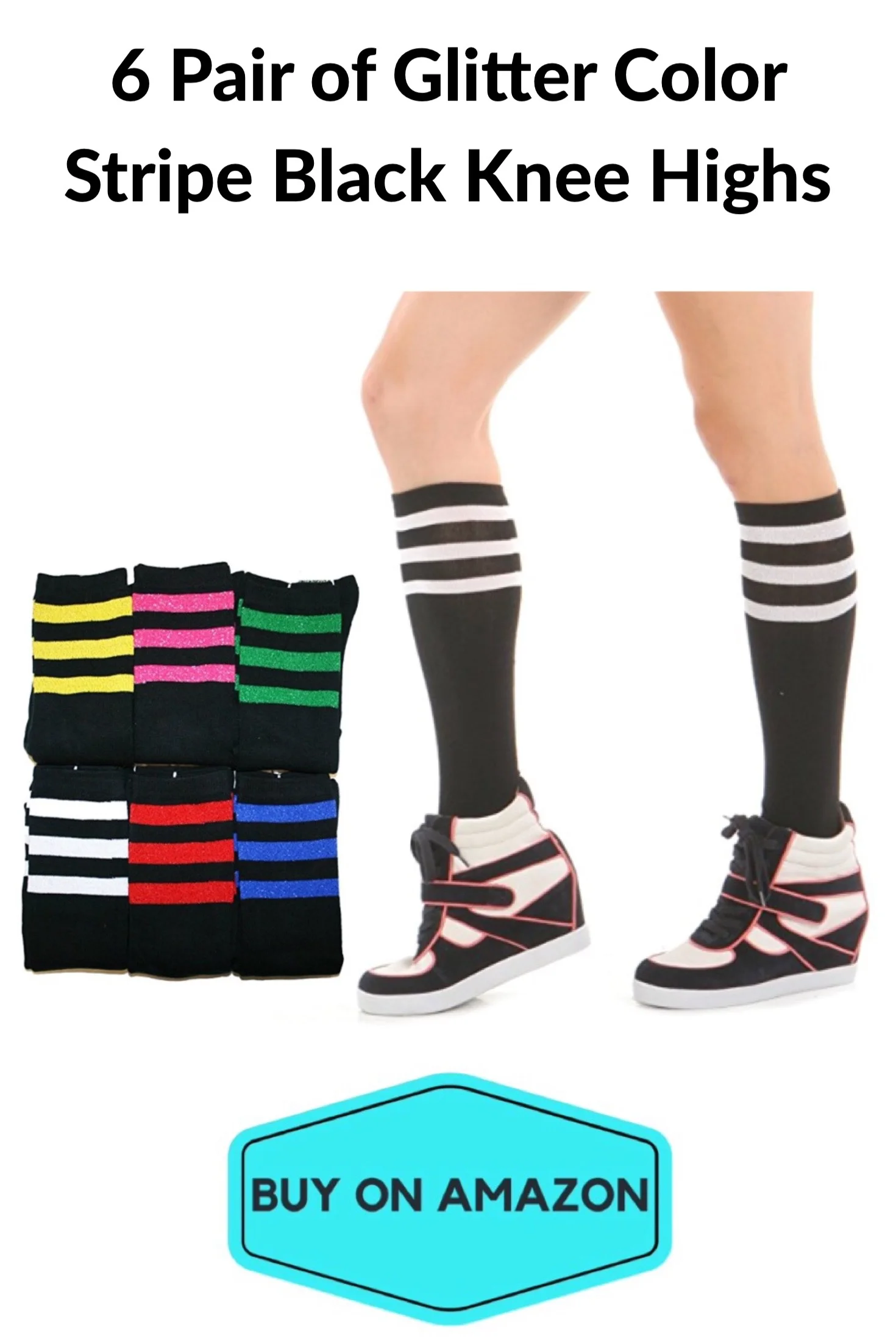 Glitter Stripe Knee High Gym Socks, 6-pack