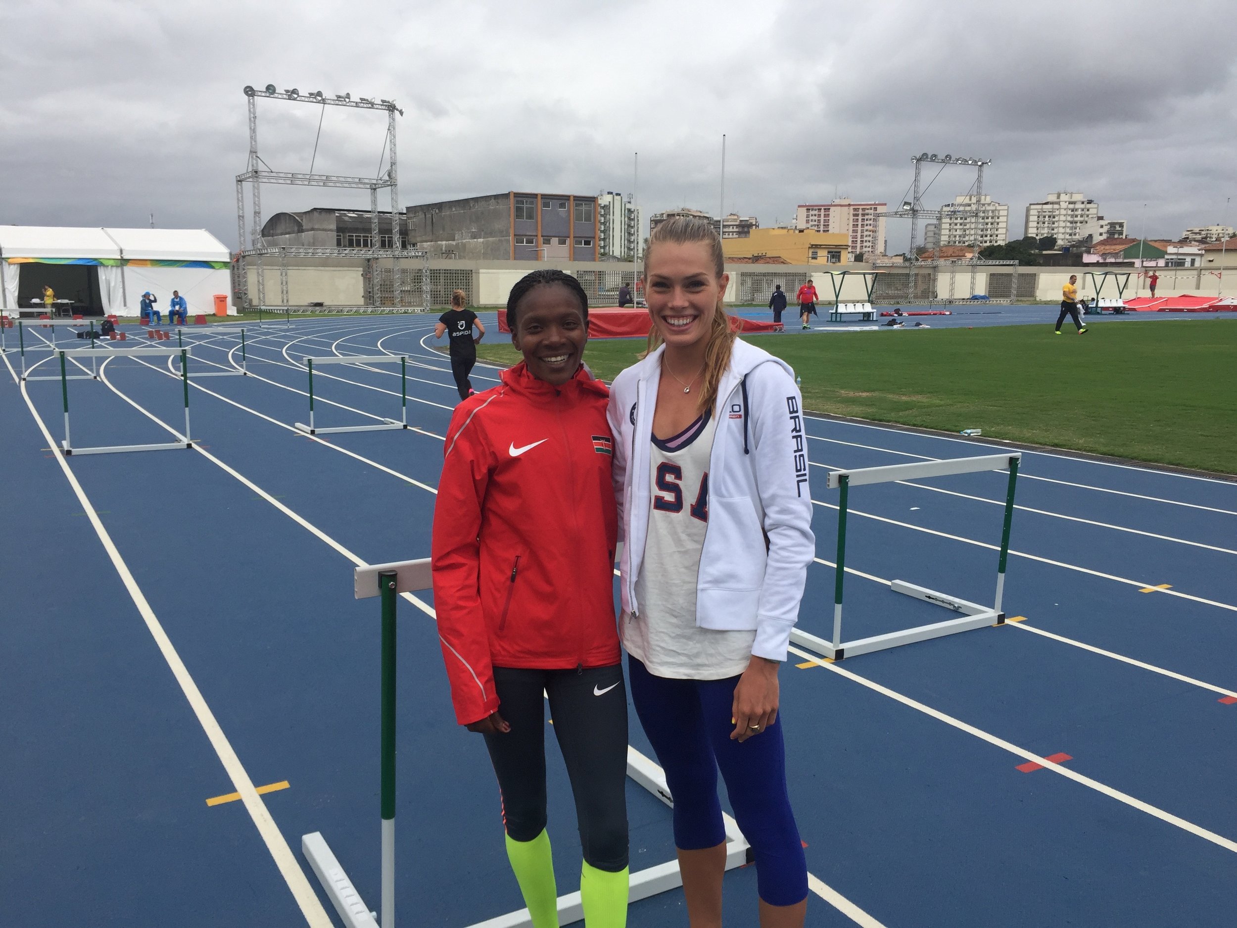 My BTC teammate Betsy Saina and I on the warmup track next to the Olympic stadium