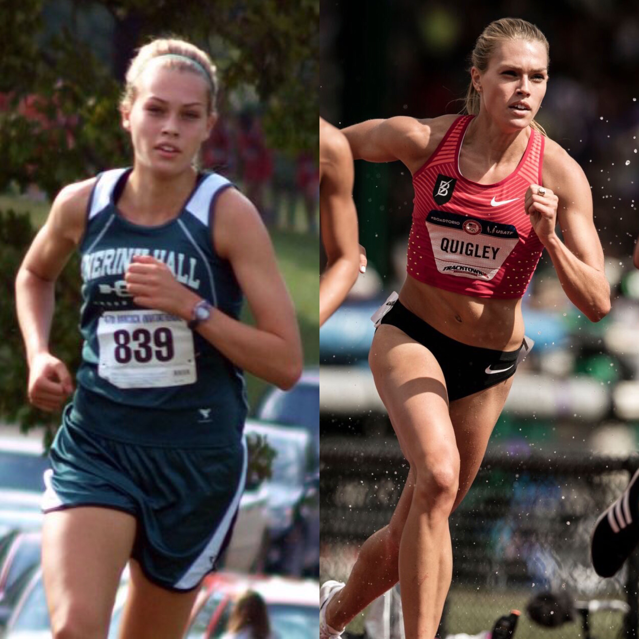 Left: 2010, senior year of high school competing for Nerinx Hall in St. Louis, MO. Right: 2016 at the Olympic Trials competing for the Bowerman Track Club in Eugene, OR.