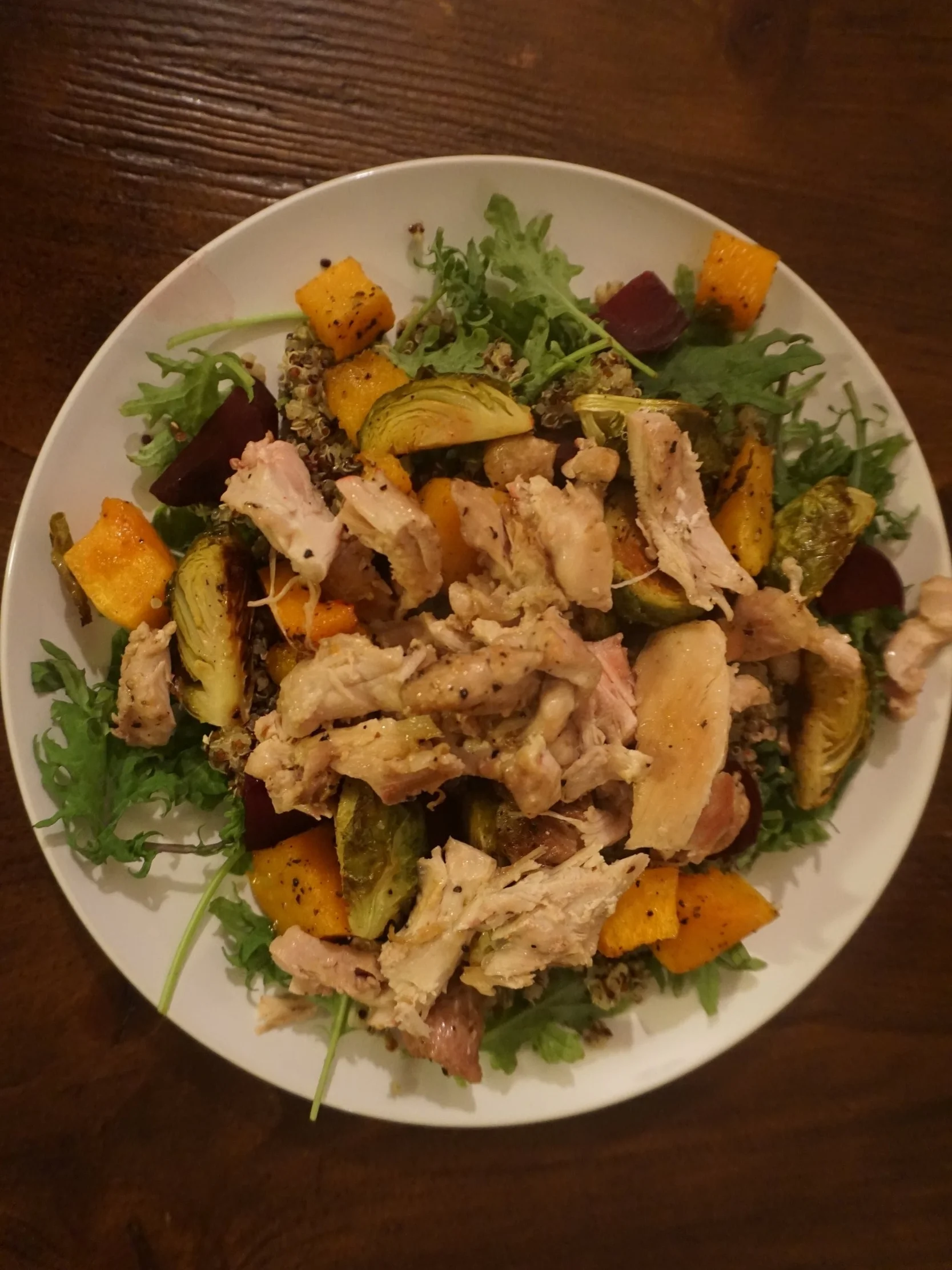 Baby kale, quinoa, pesto, roasted pumpkin, roasted beets, roasted brussel sprouts, chicken thighs