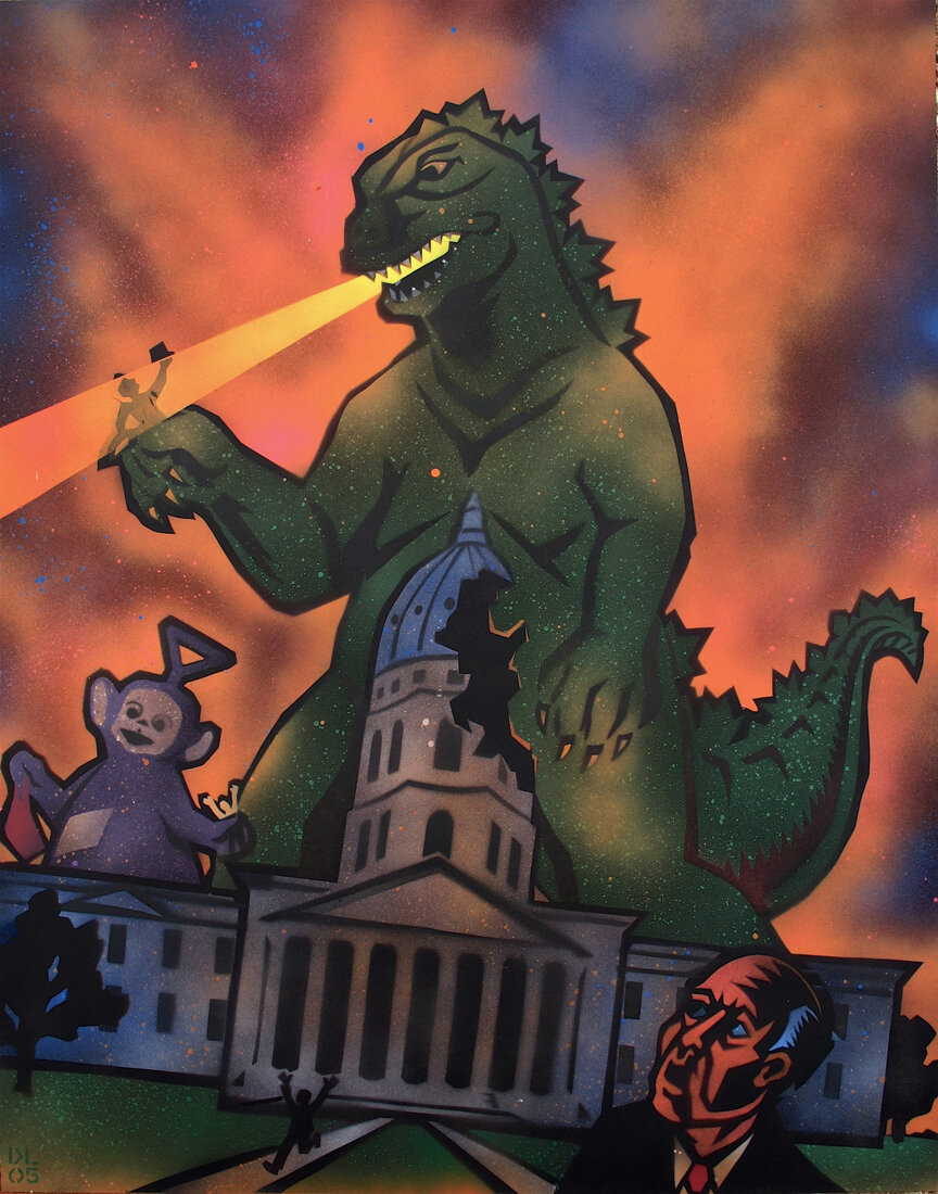  Although usually sworn enemies, here Tinky-Winky and Godzilla take on a common foe! 