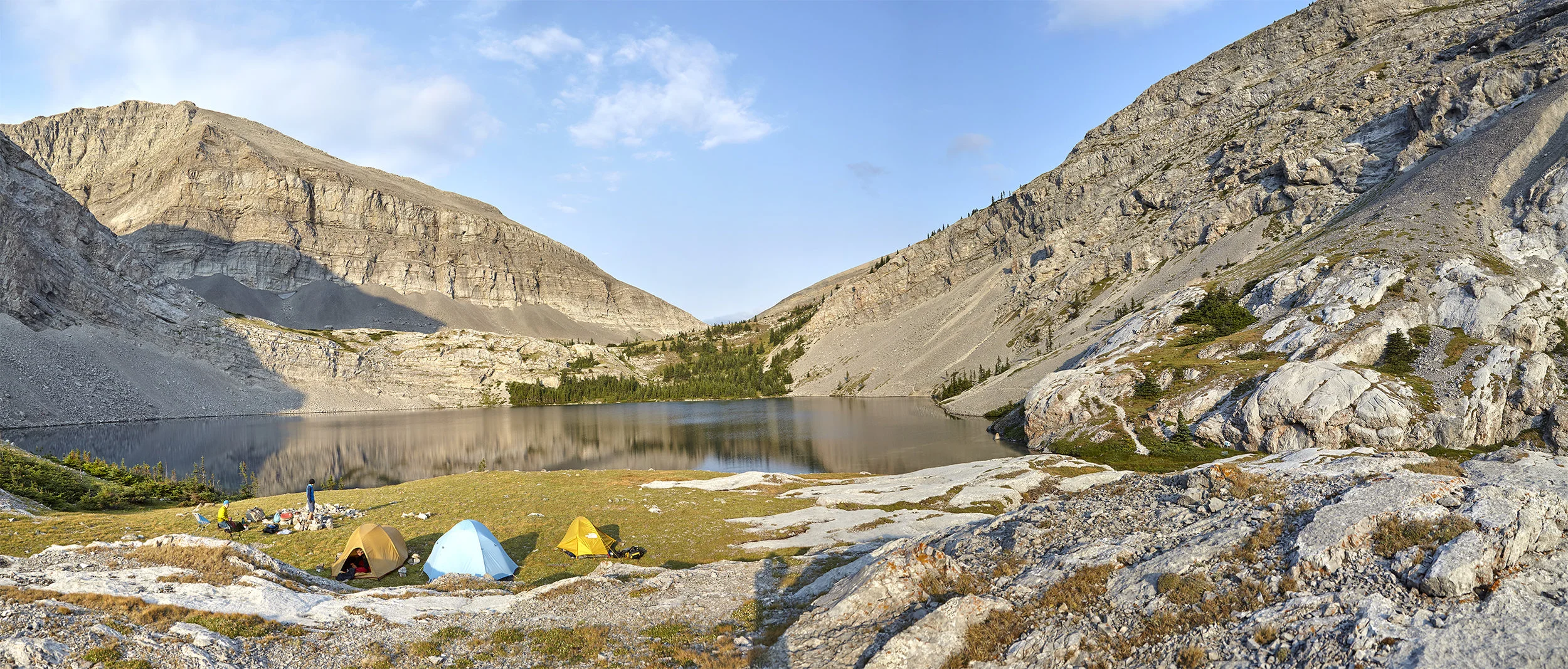 A panorama of our campsite and Carnarvon Lake. Mount Strachan is the mountain on the right.