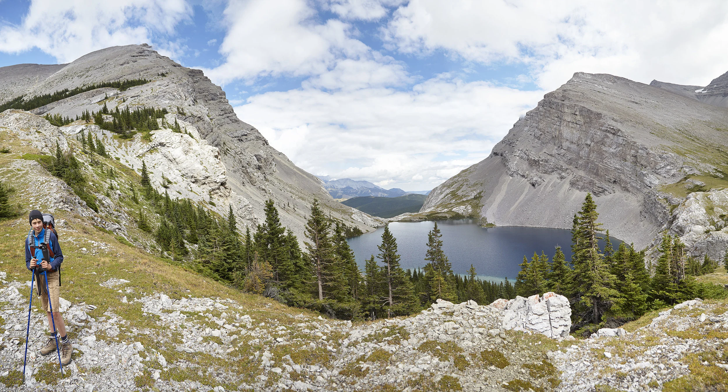 A panorama of Mount Strachan, Carnarvon Lake, and Mount MacLaren.