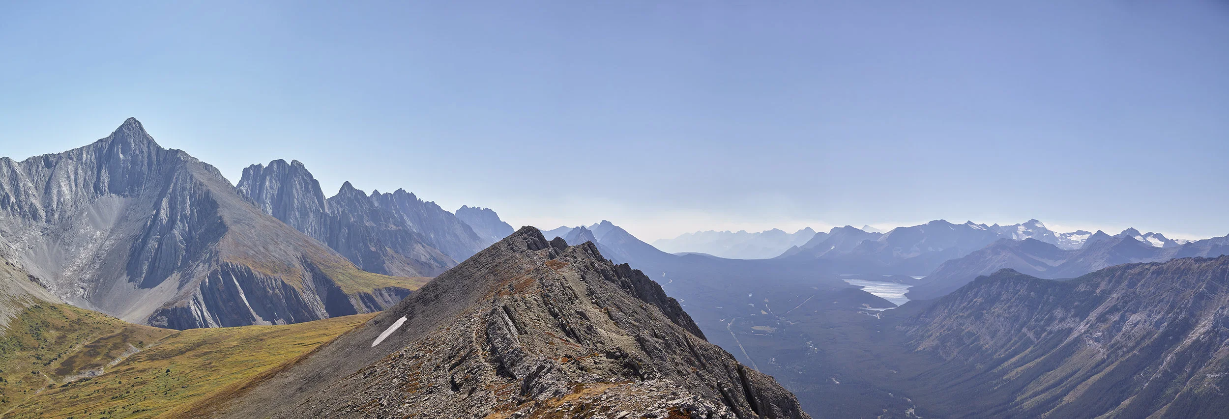 A summit panorama looking south. The sharp peak to the left is Mount Evan-Thomas.