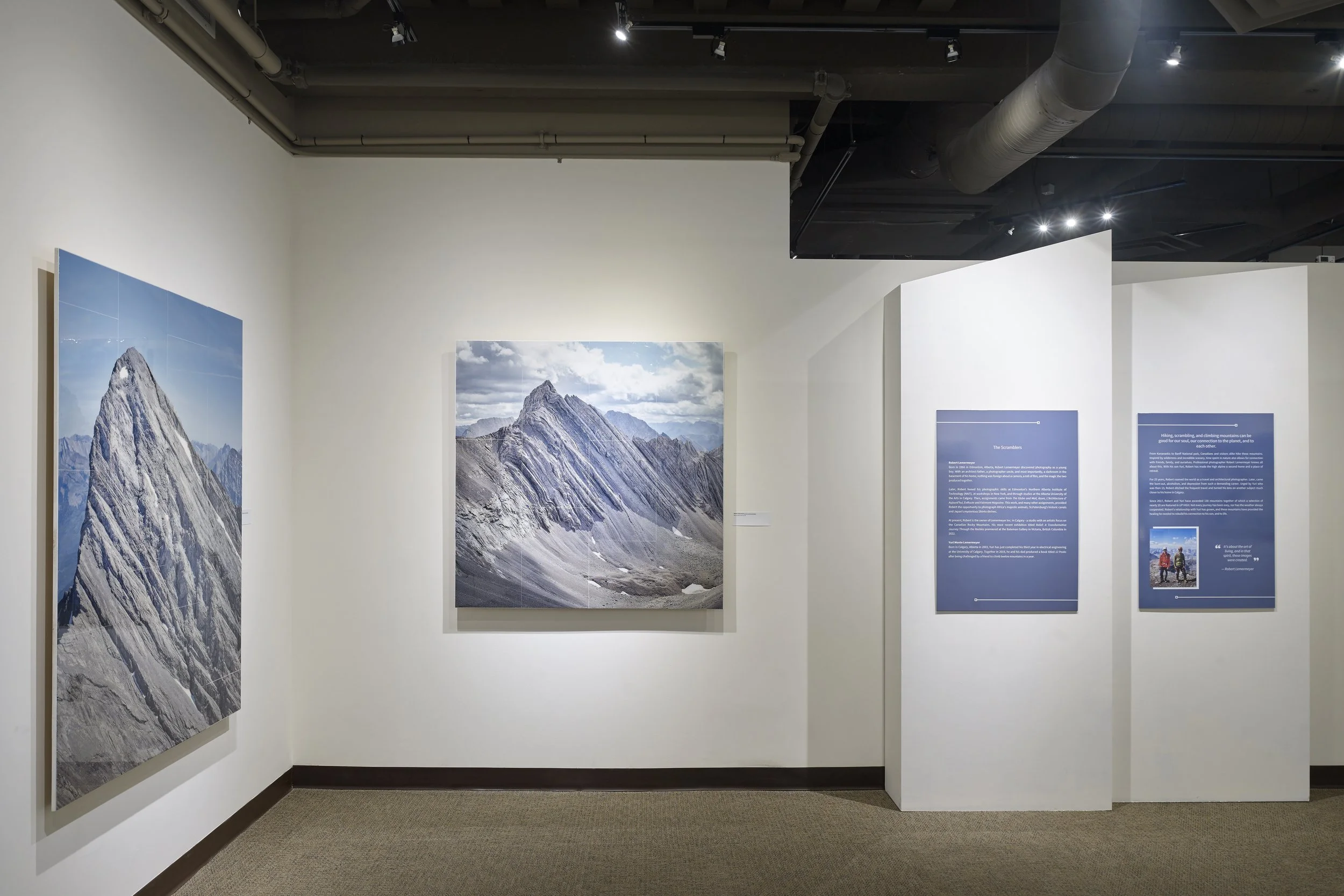   UPHIGH , Canmore Museum, 2024. Centre image:  Mount Arethusa , 2020. 48” x 48”, tiled photographs on hardboard with epoxy resin. 