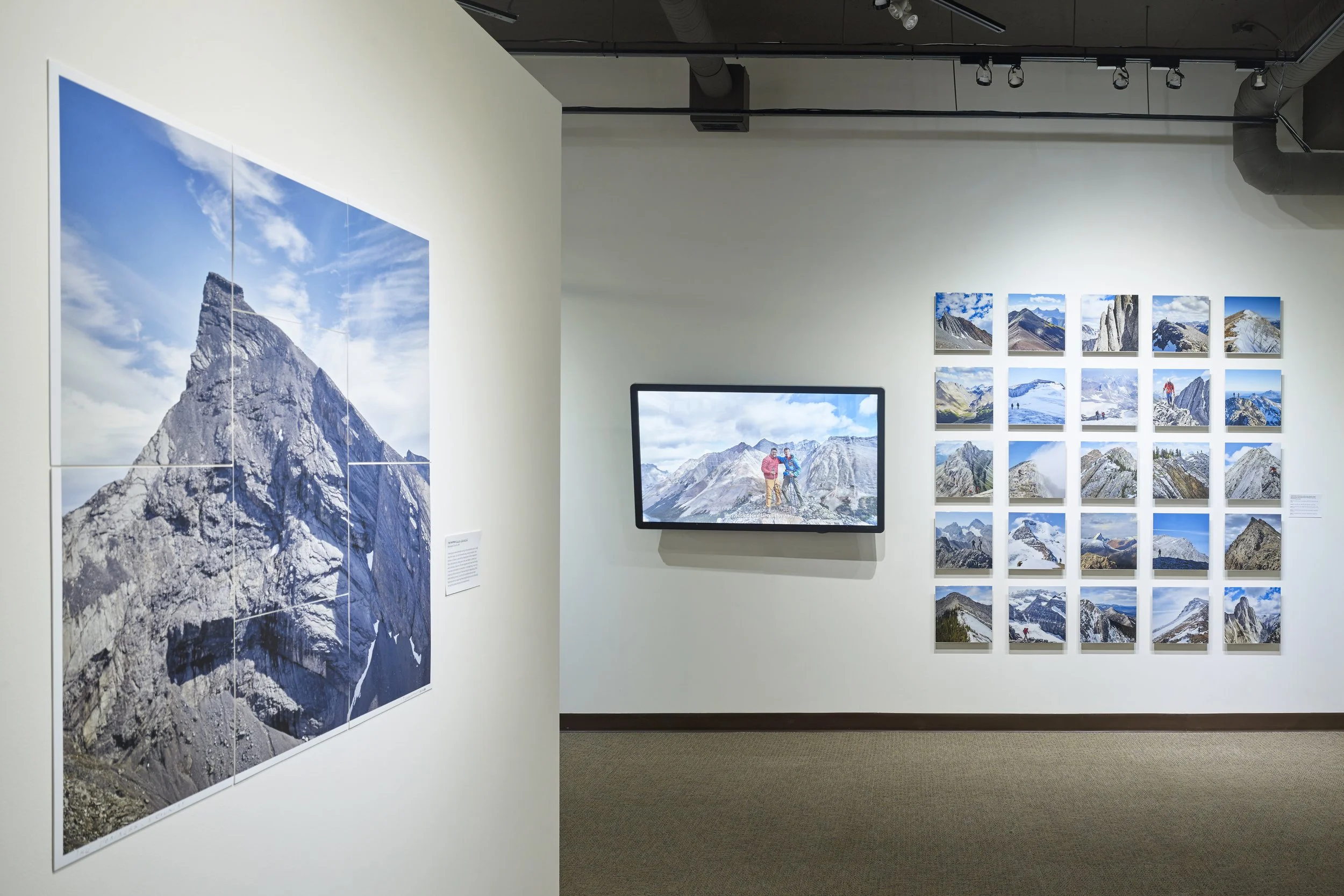   UPHIGH , Canmore Museum, 2024. Left image:  The Fortress  2022. 36” x 36”, tiled archival fine art prints, hung with magnets.. Right images:  5×5 Grid , 25 - 12” x 12”, tiled photographs on hardboard with epoxy resin. 
