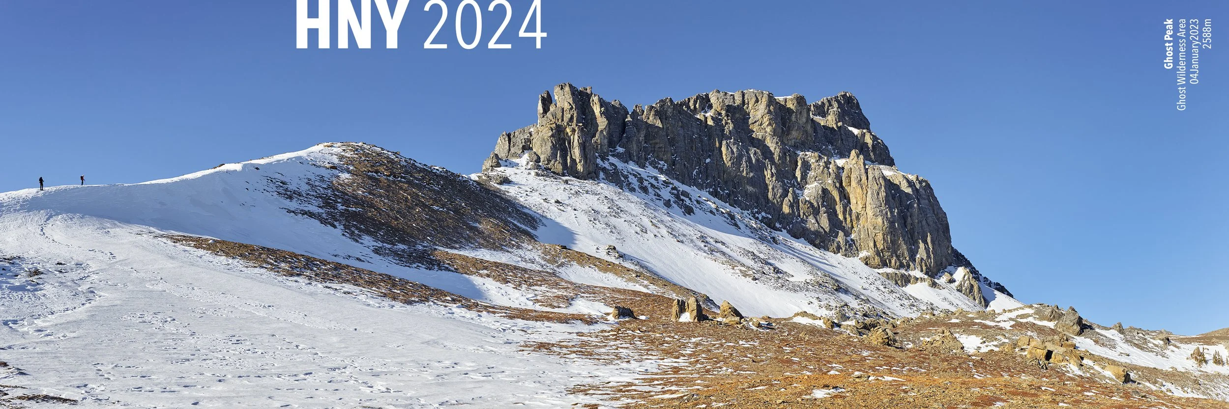 4” x 12” tri-fold card mailed in a white envelope. Ghost Peak is a magical mountain, and this day was no exception. The full moon watched over us as we made our early morning commute from Calgary to the Rockies. After ten hours of wind, snow, and ro