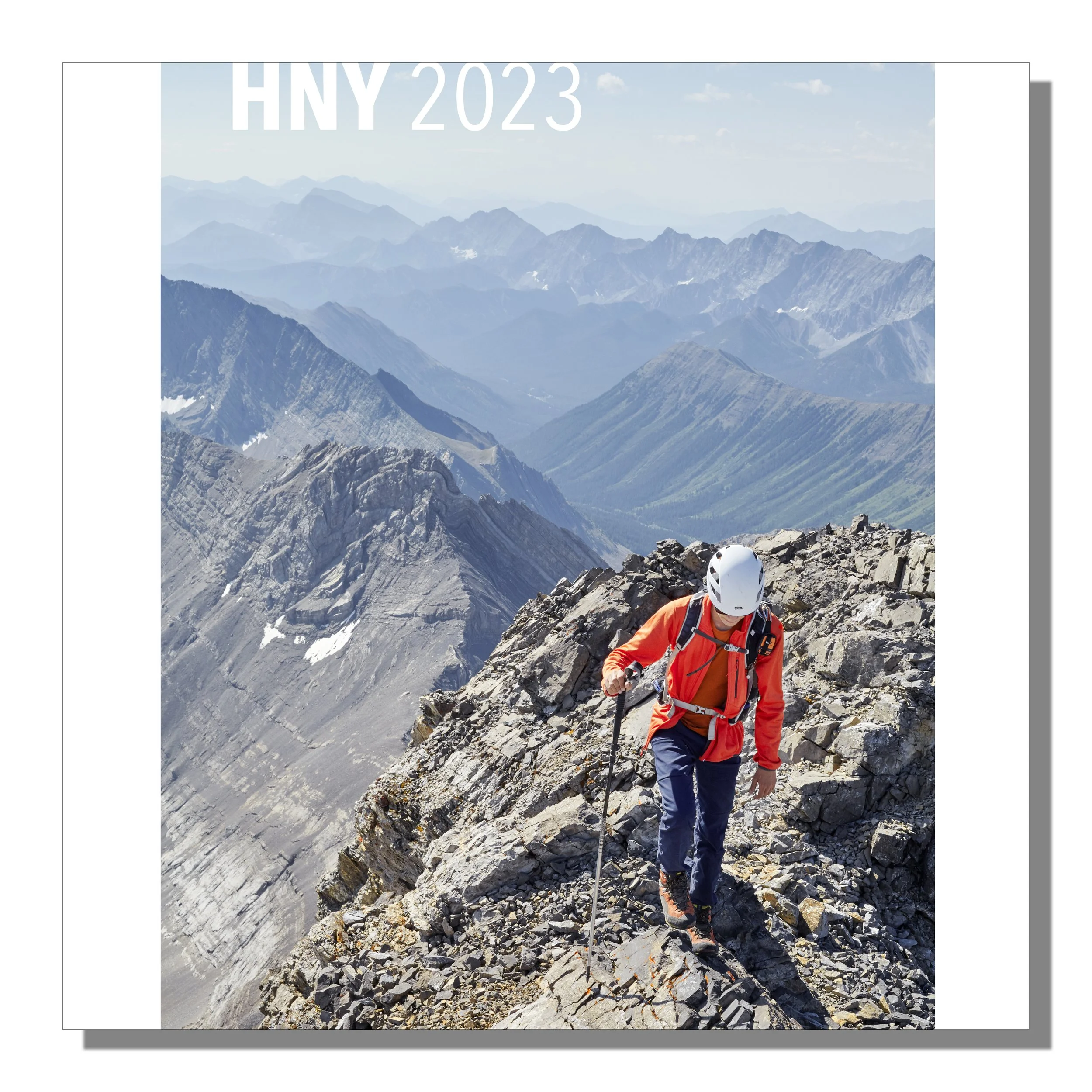  HNY2023 postcard. 6” x 6”. This image of Yuri was captured just below Mount Rae’s summit in August 2021, on a hazy day in the Rockies. It remains one of my favorite images because that ascent felt impossible when we first started hiking and scrambli