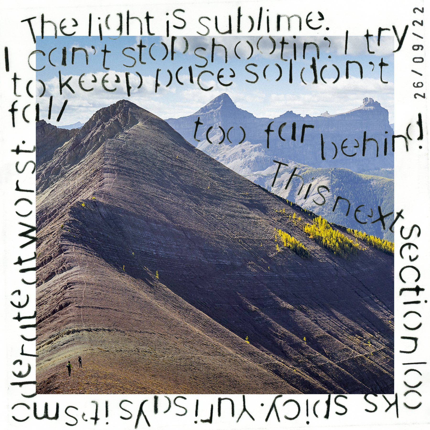  Victoria Peak, Castle Wilderness, September 2023. Andrew Nugara calls this the best ridge walk in the Canadian Rockies. Hiking it with Yuri and Mindy, we didn’t argue. We were utterly enchanted: clouds and shadows dancing across the ridge, the scree