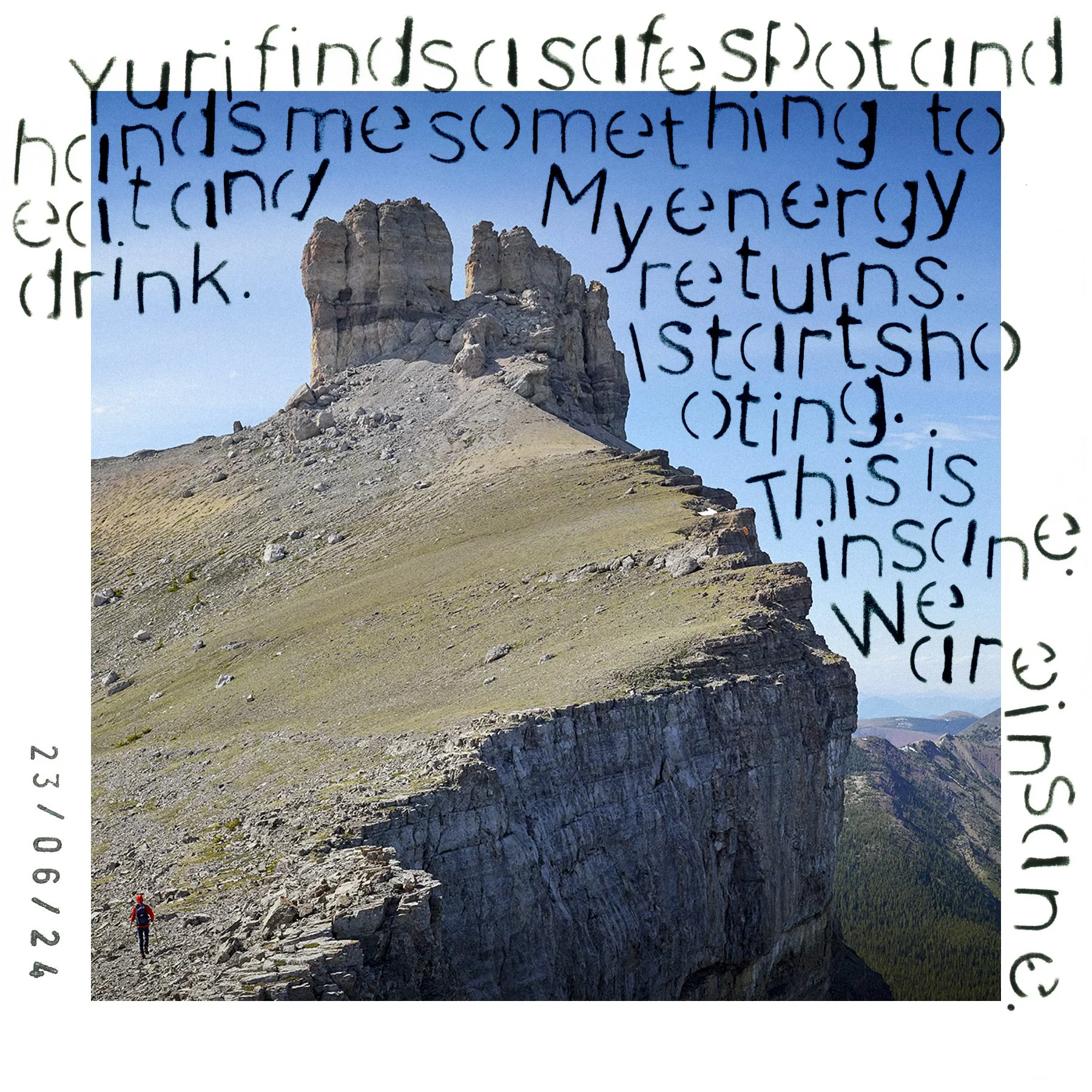  Castle Peak, June 2024. More stencil lettering experiments. Yuri, once again, is the subject. 