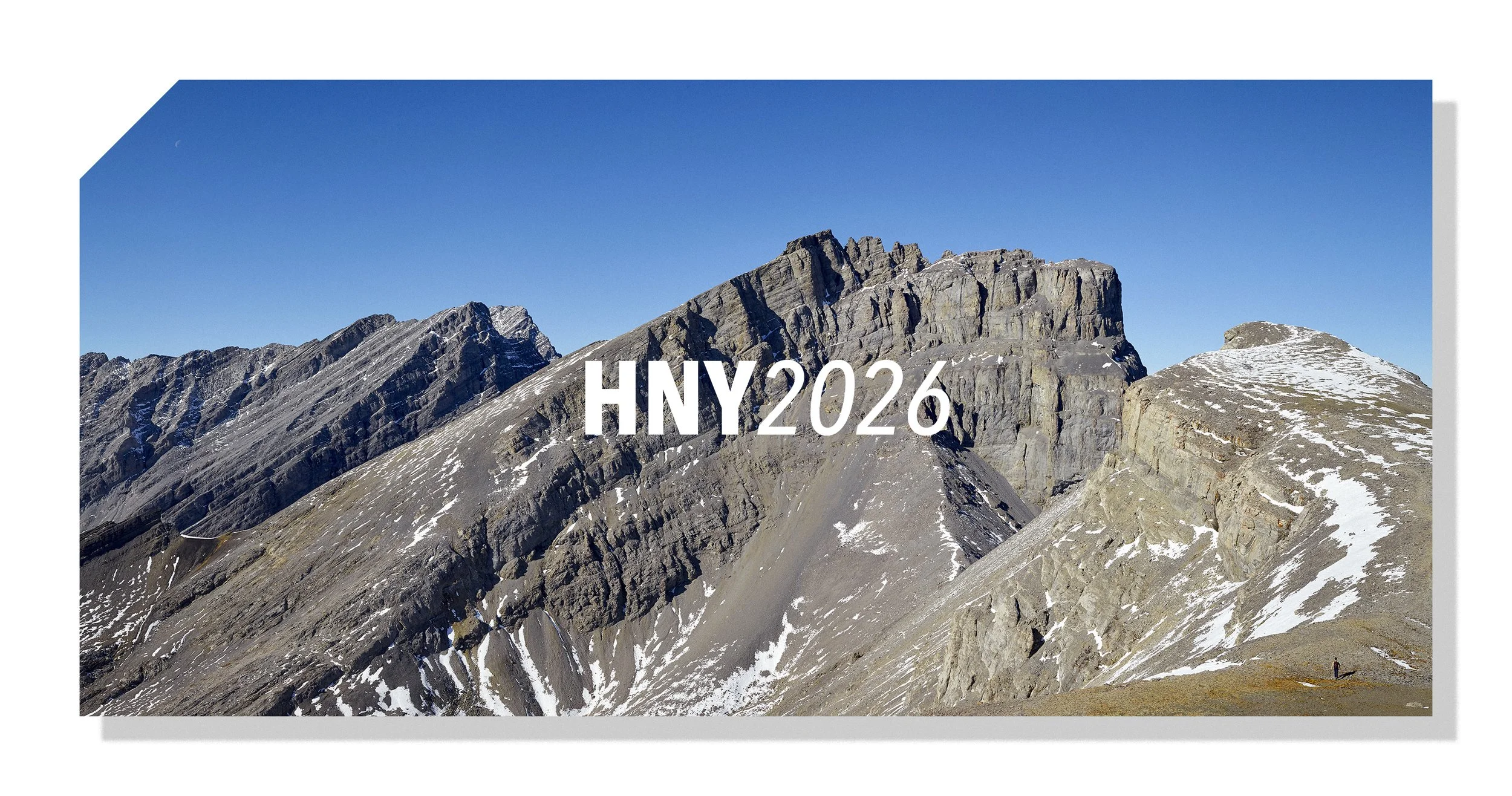  HNY2026 postcard. 4.25”x 8.5”. I’ve been making New Year’s cards since 1992, and every year feels like a sacred ritual. This image finally came together on a cloudless October day in 2021, after years of chasing this exact side view of The Fortress.