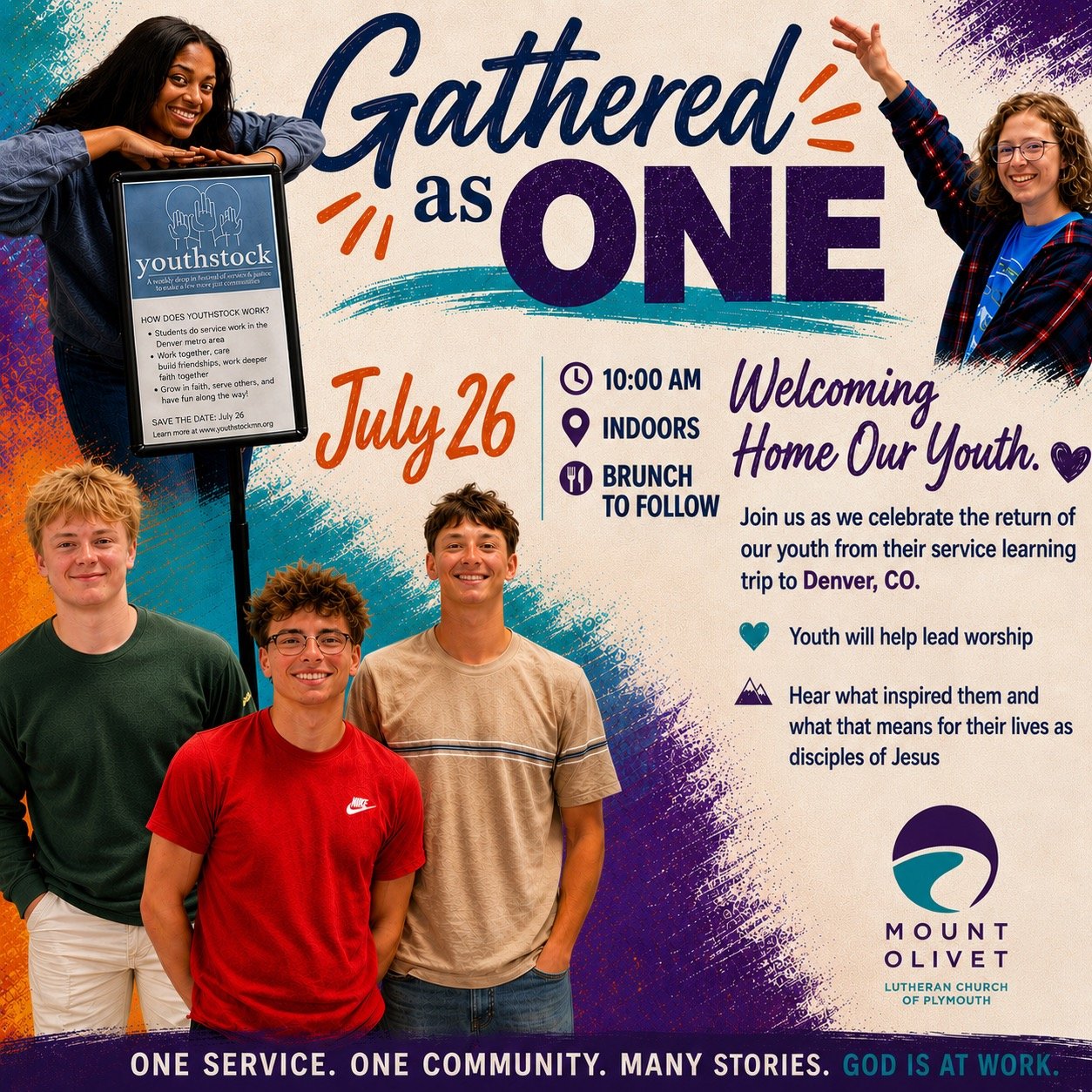 What happens when faith moves beyond the walls of the church? Come find out. On Sunday, July 26 at 10:00am, we'll gather as one church family to welcome our youth home from their service-learning trip to Denver. 

Through stories, reflections, and wo