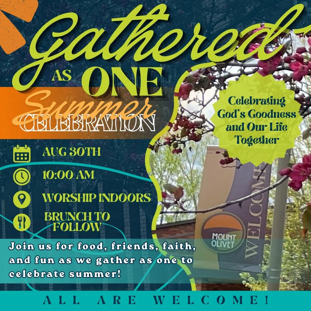 Come celebrate summer with us! We will worship together as one community on Sunday, August 30 at 10am and celebrate God's goodness and the gift of our life together.
☀️ One Service 
🕙 10am 
📅 Sunday, August 30 
📍 Indoors at Mount Olivet 
☕ Brunch 