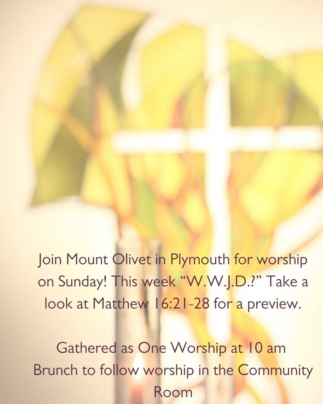 On Sunday (8/30) is a Gathered As One worship service at 10 am, brunch will follow in the Community Room. Come and Celebrate Summer with us!

#wwjd #moply #gatheredasone